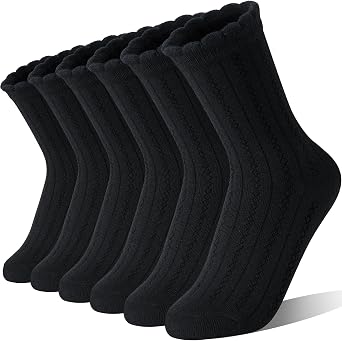 EBMORE Girls Kids Ruffle Socks Uniform School Dress Crew Cotton Textured Breathable Socks 6 Pairs