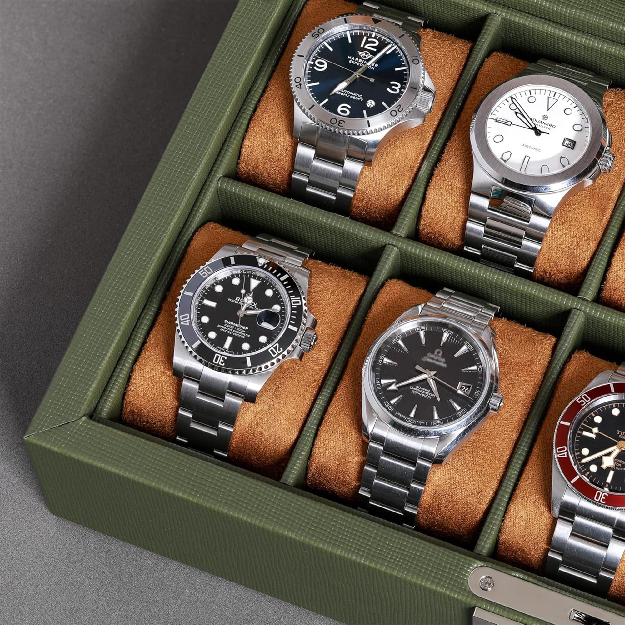 ROTHWELL Caja de reloj de cuero con 10 ranuras, organizador de joyas de lujo, soporte de exhibición de relojes con tapa de cristal grande, organizador de caja de reloj para hombres y mujeres