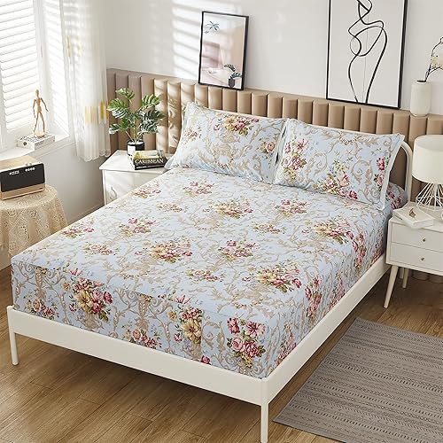 Miniatura 4 de ABREEZE Juego de sábanas de algodón egipcio (1000 hilos) floral y fundas de almohada (4 piezas)  Sábanas de algodón egipcio tamaño California King