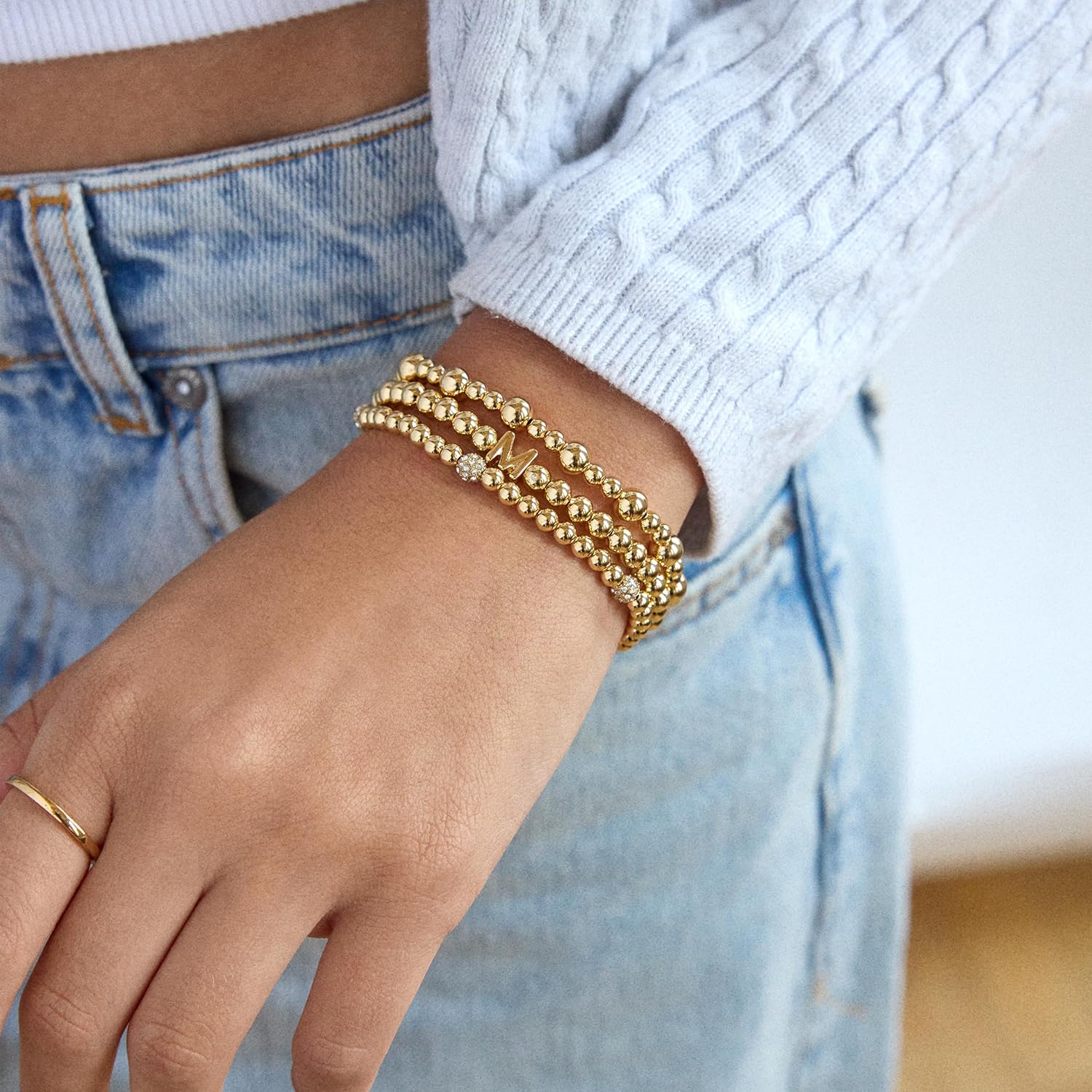 BaubleBar Three Bracelet Gift Set for Women, Gold-Plated Initial Beaded Bracelets, Fashion Jewelry, Personalized & Trendy Gift, Fashion Jewelry Set