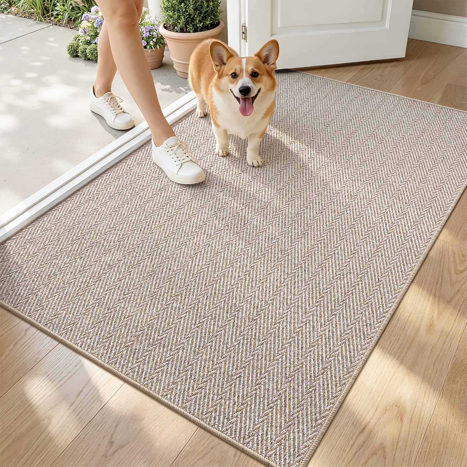 LUMI Ultra Thin Indoor Door Mat for Entrance 32"x48", Non Slip Entryway Mat, Low Profile Doormat, Unique Herringbone Design Carpet for Inside, Patio, Porch, Beige — image 1