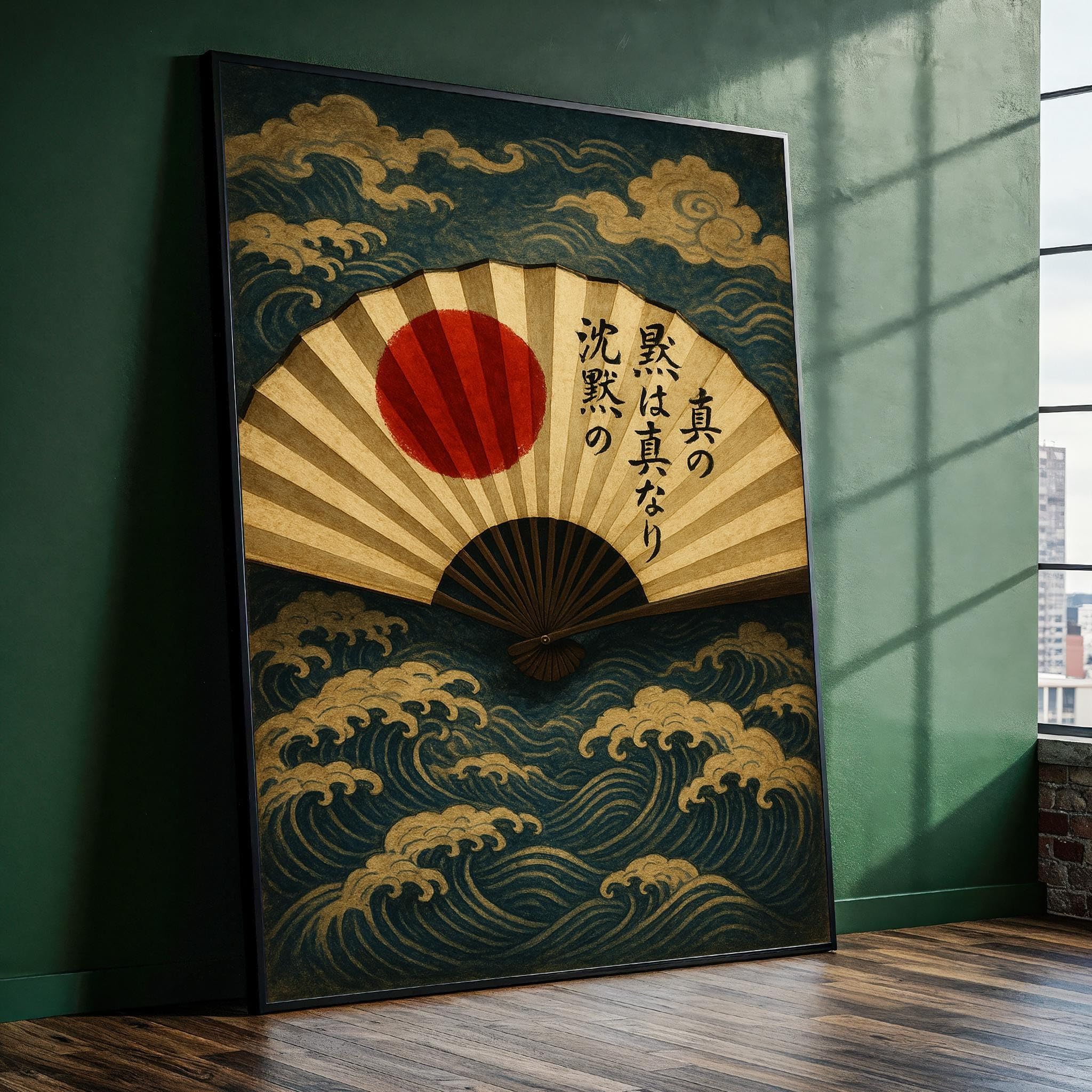 YUSUZHU Japanese Fan & Waves Canvas–Ready to Hang Wall Art for Zen Room –Traditional with Sun, Kanji Calligraphy -Ocean Painting(21x30cm/Frameless)