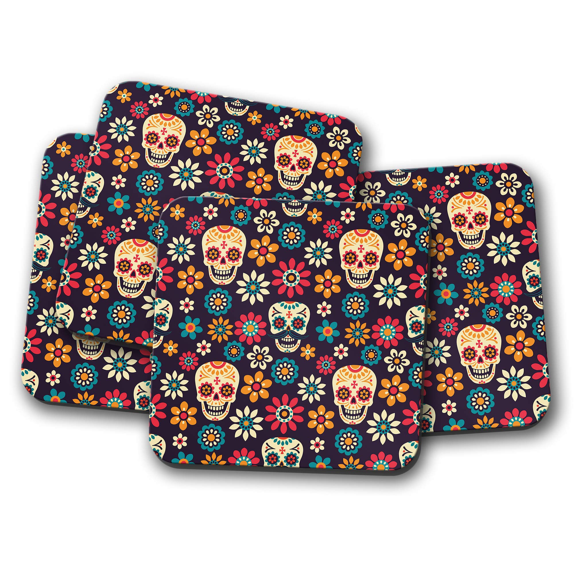 Destinationvinyl Multicolor 4 Set - Sugar Skulls Coaster - Flowers Calavera Mexican Pretty #8780