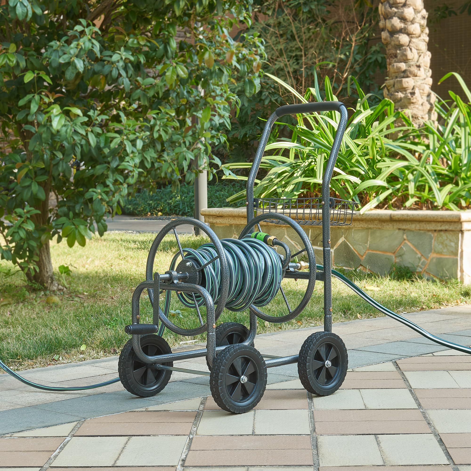 pro.tec Schlauchwagen für 3/4 Zoll Schlauch bis zu 65 m Metall Gartenschlauchwagen ohne Schlauch Schlauchtrommel mit Reifen rollbar Schlauchaufroller mit Handkurbel 84 x 48 x 93 cm Grau