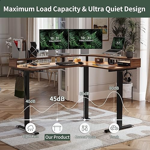 Miniatura 8 de FEZIBO Escritorio de pie en forma de L con triple motor con tira LED y tomas de corriente escritorio de esquina de pie ajustable de 63 pulgadas de