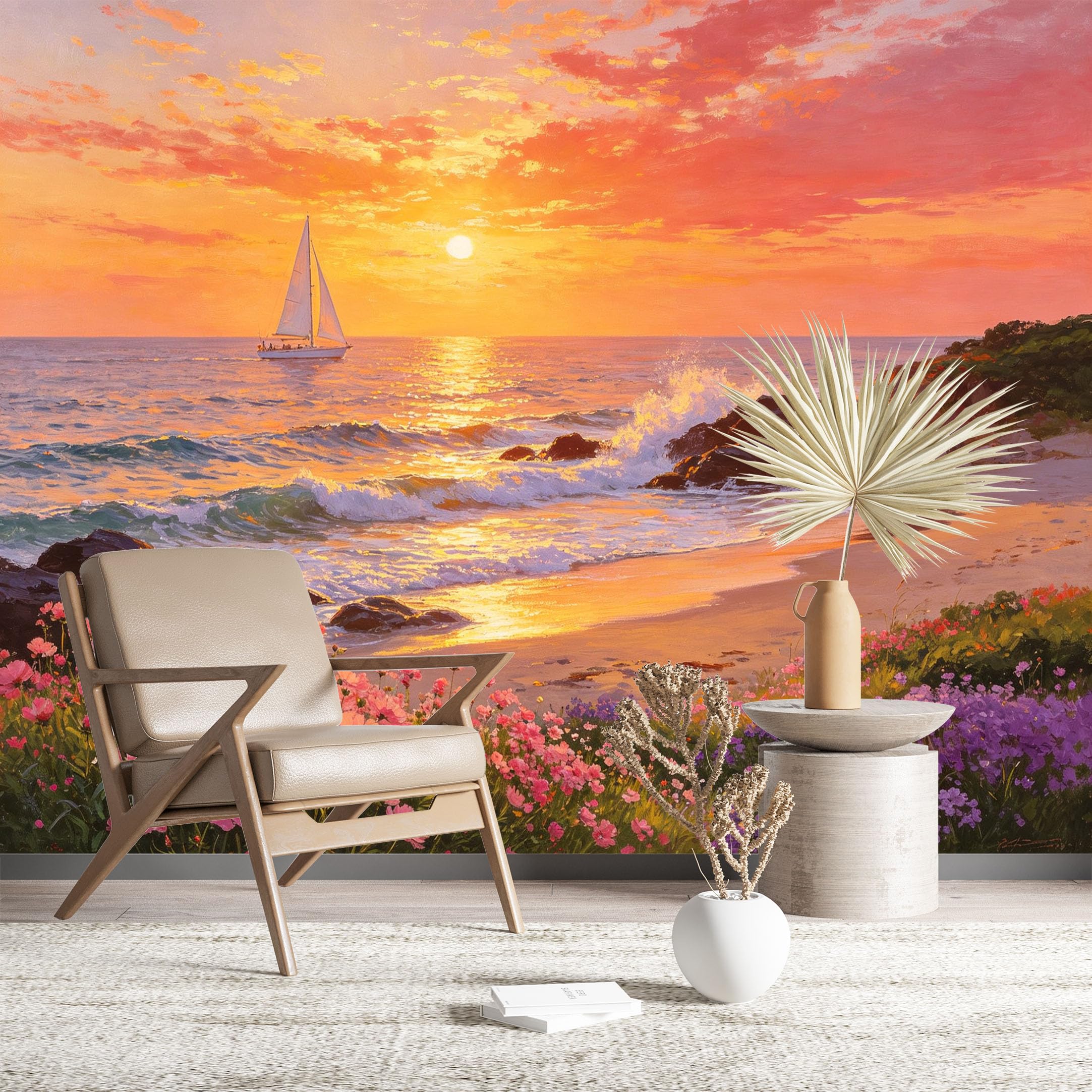 Custom Size Wall Murals Sunset Beach with Sailboat Wall Murals Ocean Wallpaper Realistic Self-Adhesive Removable Wallpaper for Living Room Bedroom