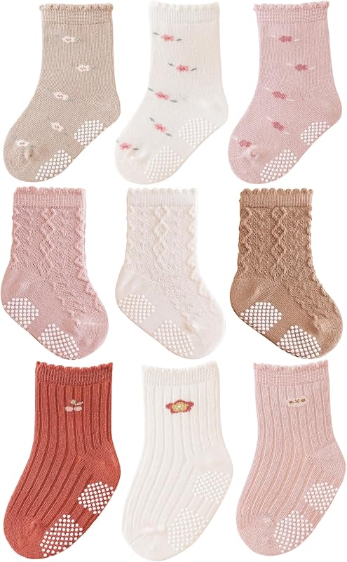 J Poqobog Baby Non Slip Grip Crew Socks,Toddler Boys Socks Girls Cotton | Combed Cotton,Anti Skid,9-Pack, Infants,Tallas disponibles para 3-12 meses, 12-24 meses, 2-3T y 3-5T.