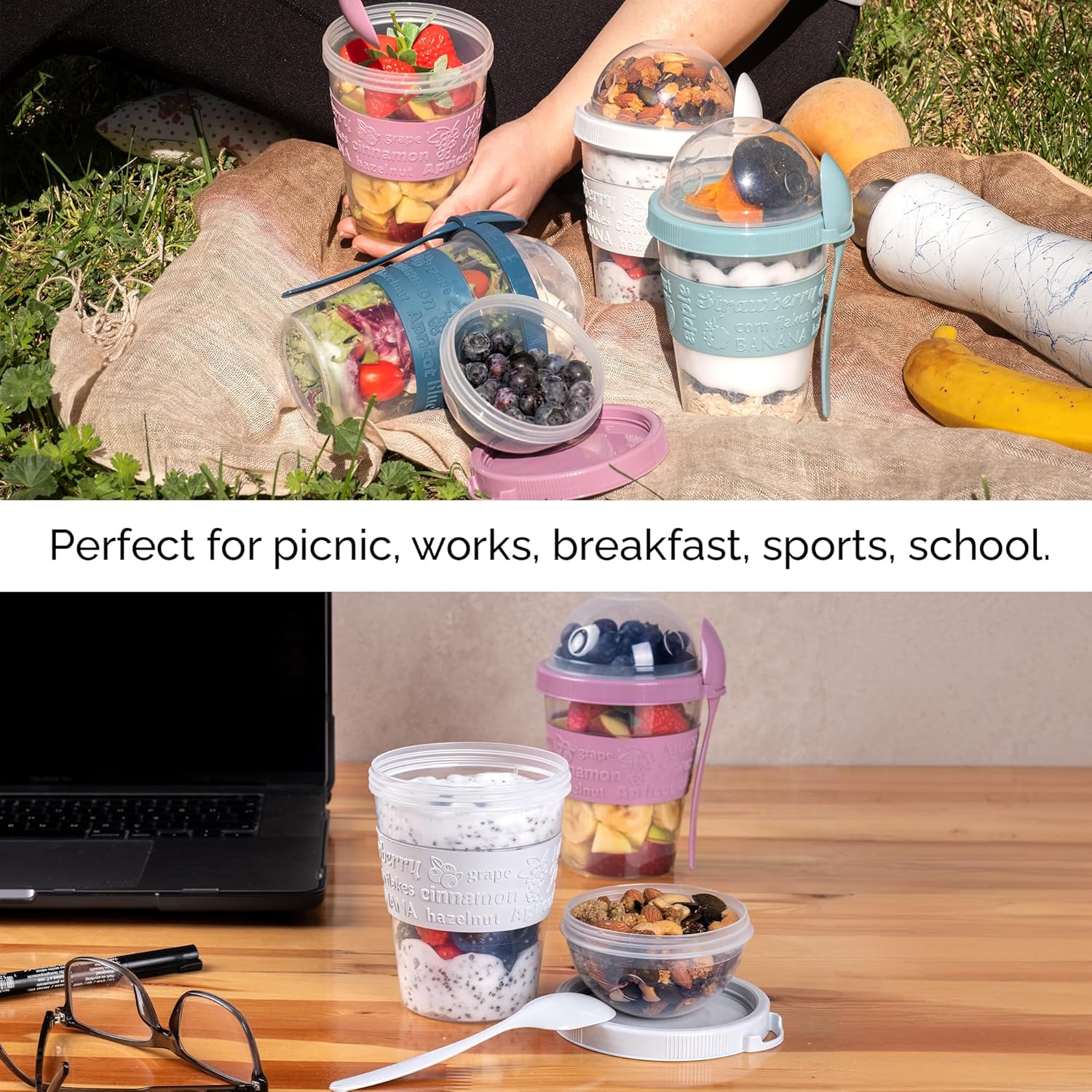 Crystalia 4 Pack 20 oz On The Go Yogurt Parfait Cups with Lids & Spoons, Reusable Yogurt Containers, Take and Go Cup with Topping Cereal or Oatmeal Container, New Colorful Set - Image 3