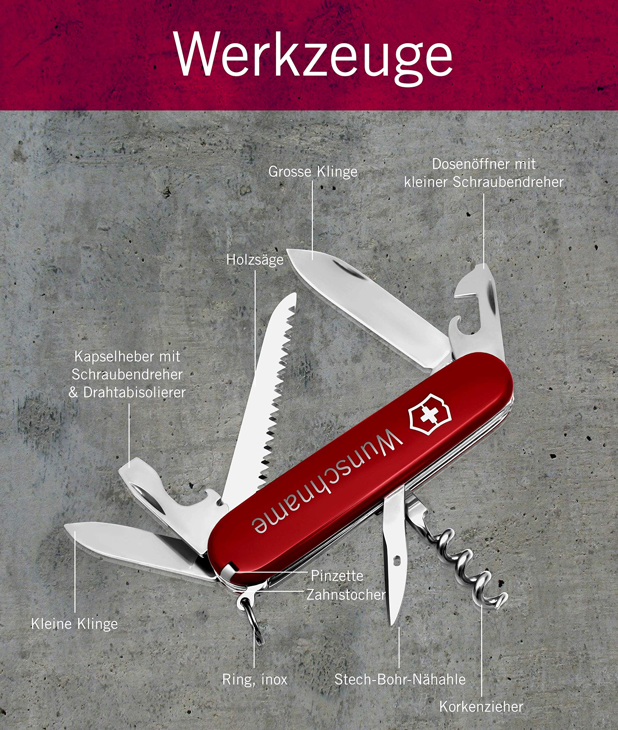 Victorinox Camper Taschenmesser mit Gravur I Geschenk für Männer I Geschenke zum Geburtstag I Messer mit Gravur I Schweizer Taschenmesser personalisiert I 13 Funktionen