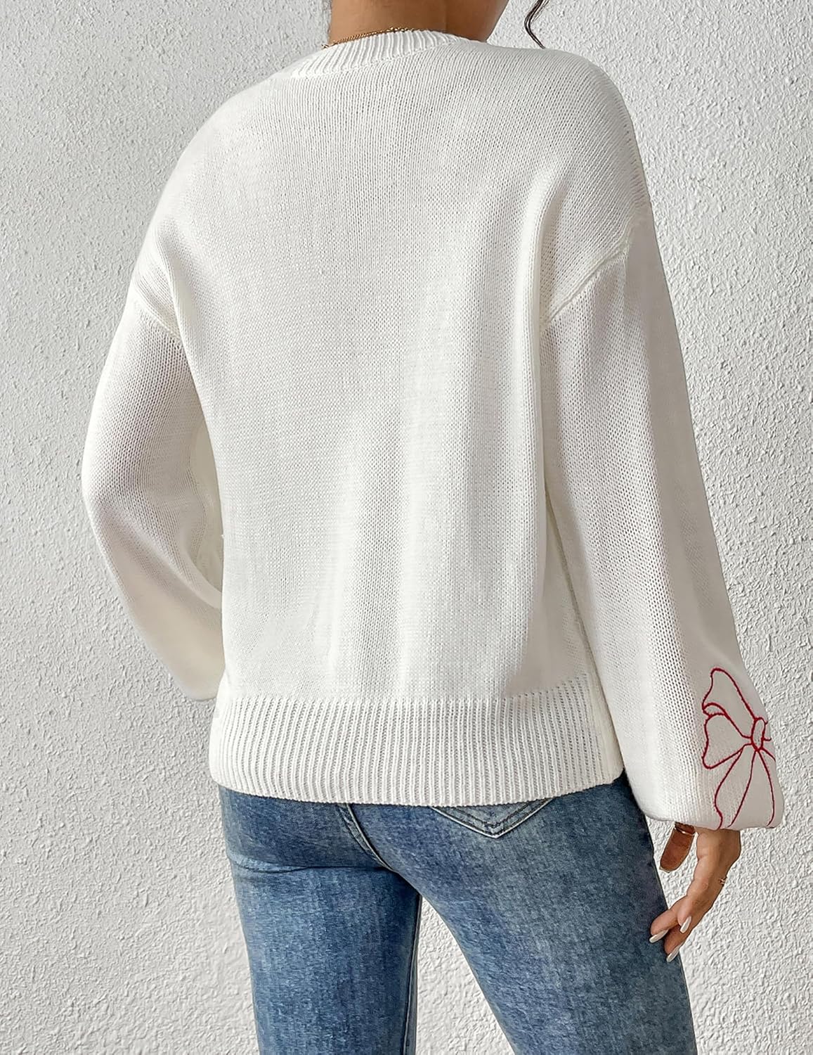 Womens Cute Bow Flower Crewneck Long Sleeve Sweater 2025 Ribbed Knit Lantern Sleeve Sweater - Image 2