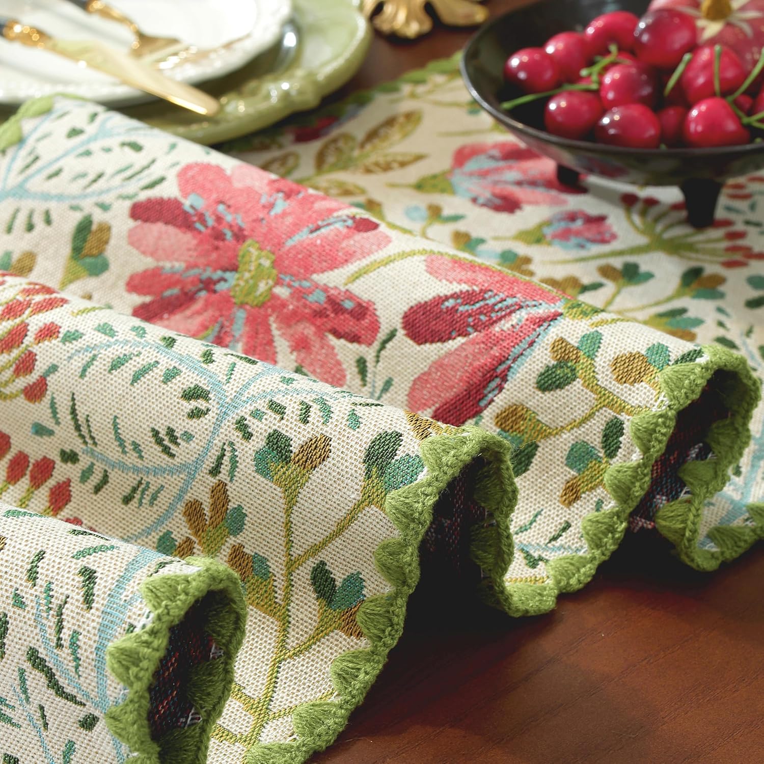 Spring Botanical Elegant Table Runner with Floral Jacquard Pattern Decorative Dining Table Decor with Delicate Green Lace Edging 12 x 82 Inch