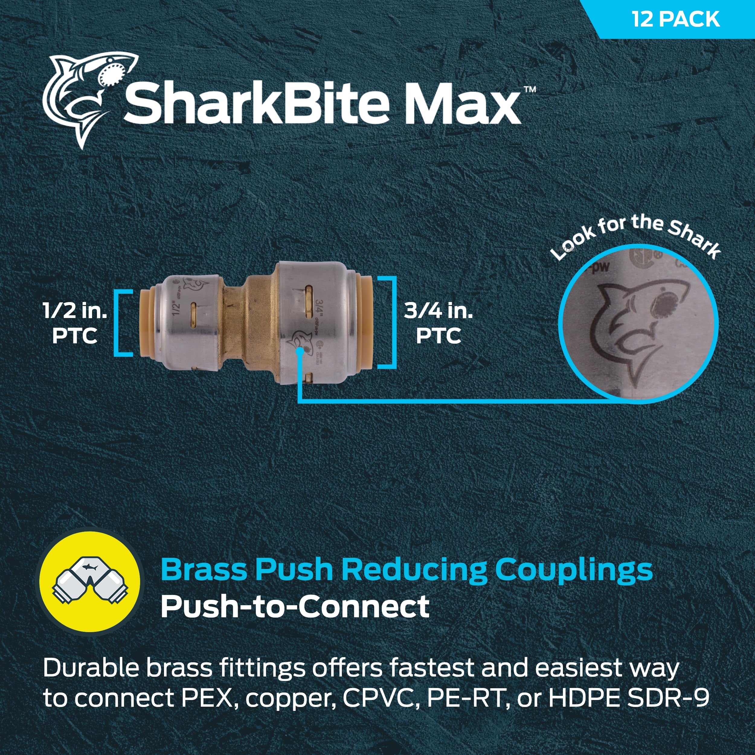SharkBite Acoplamiento reductor máximo de 3/4 pulgadas x 1/2 pulgadas, paquete de 12, accesorio de fontanería de latón a presión, tubo PEX, cobre, CPVC, PE-RT, HDPE, UR058
