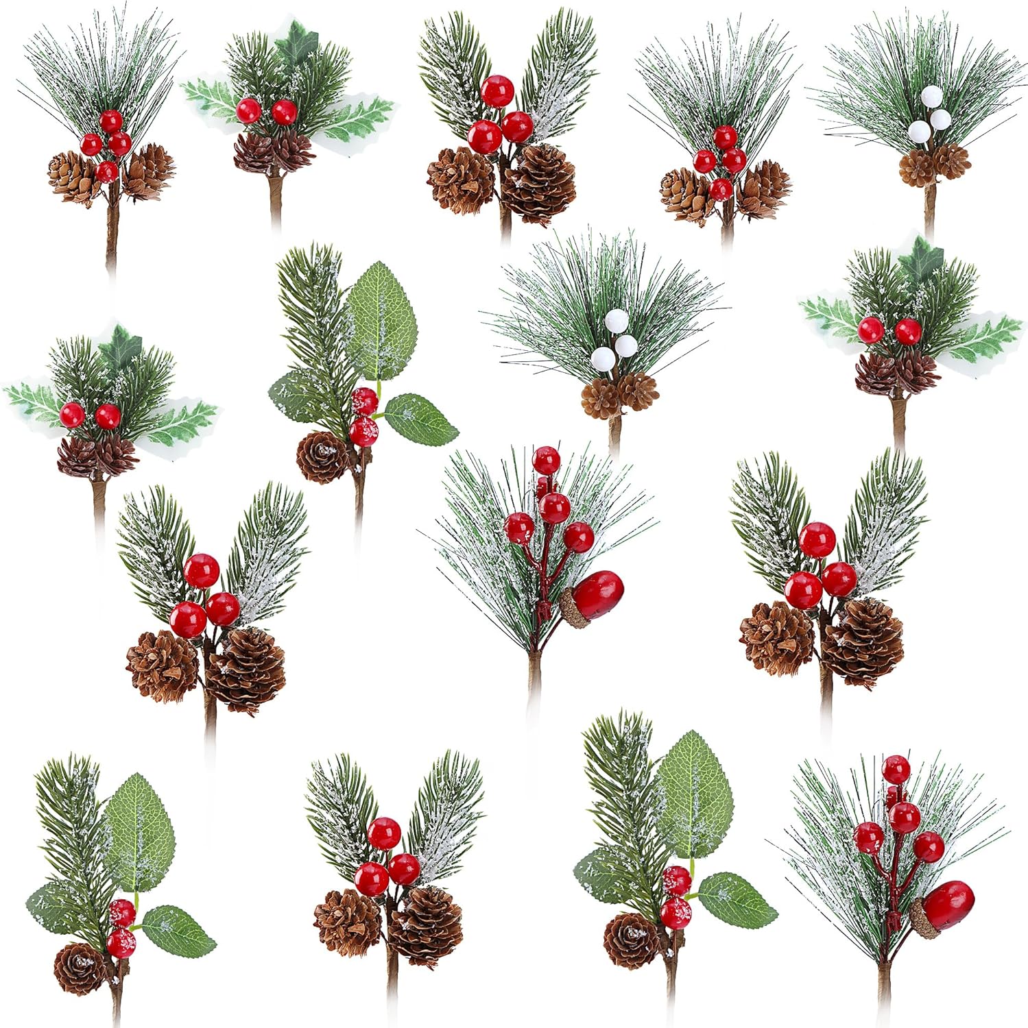 Sggvecsy 24 Pack 6 Kinds Snow Frosted Artificial Christmas Picks Assorted Red White Berry Picks Stem Faux Pine Picks & Spray with Pine Cones for Floral Arrangement Wreath Winter Holiday Season Decor