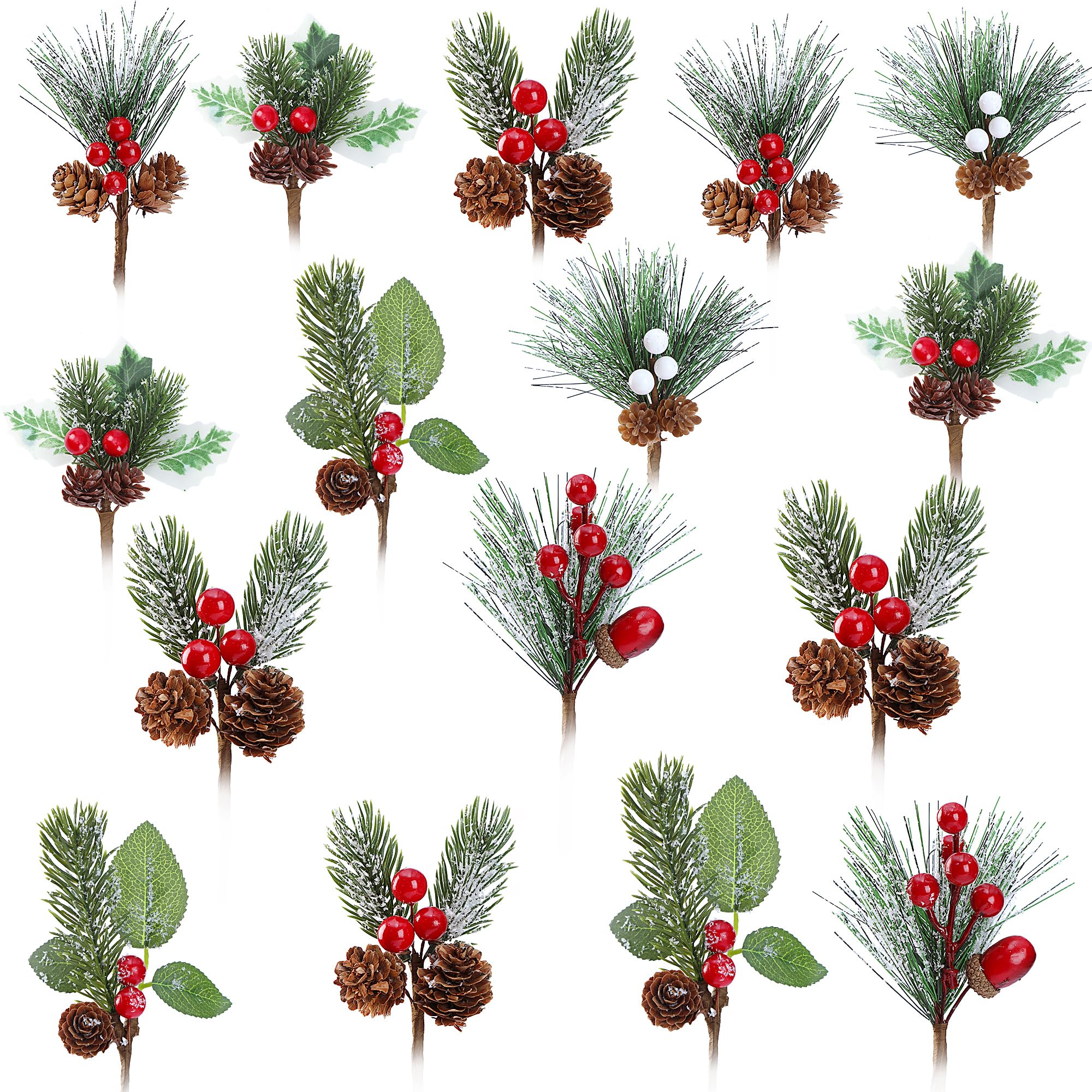 Sggvecsy 24 Pack 6 Kinds Snow Frosted Artificial Christmas Picks Assorted Red White Berry Picks Stem Faux Pine Picks & Spray with Pine Cones for Floral Arrangement Wreath Winter Holiday Season Decor