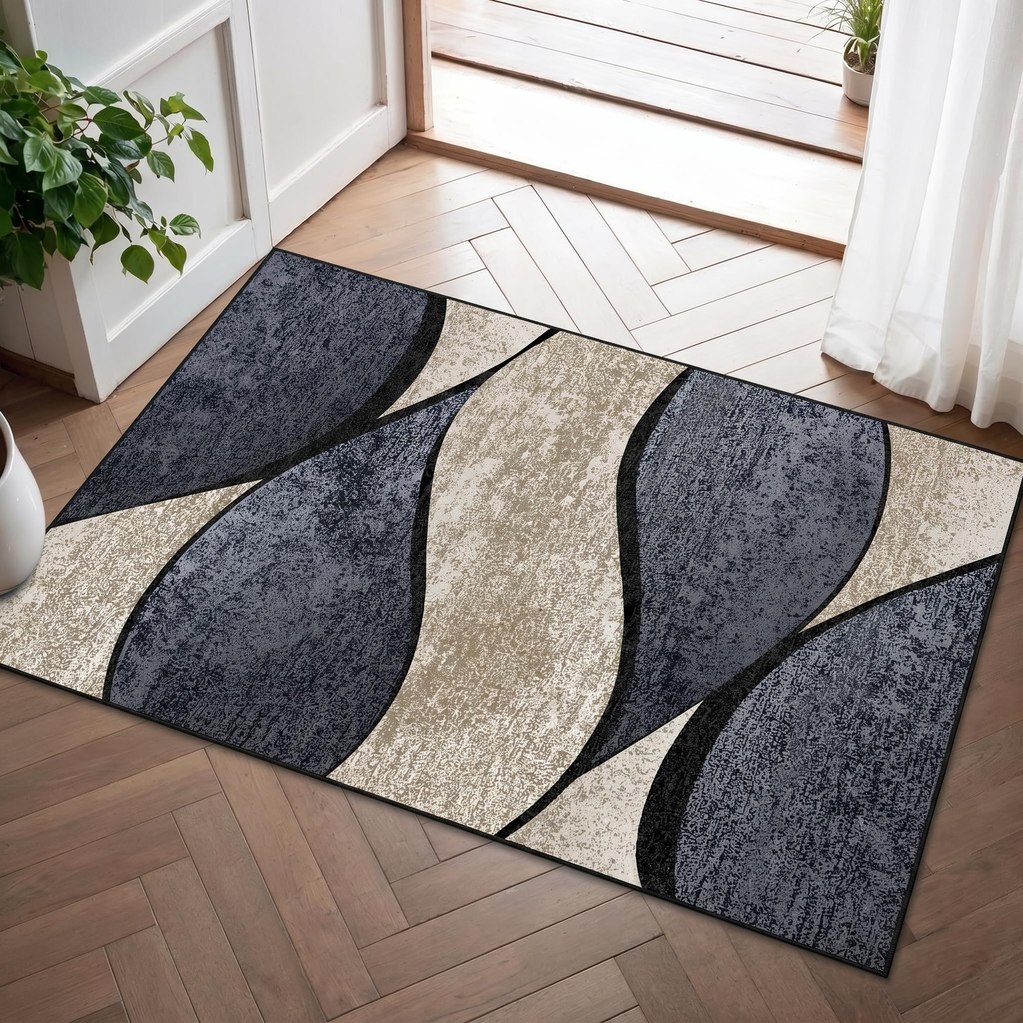 Machine Washable Area Rug 60x90cm Small Non-Slip Short Pile Rug Dark Grey Black and Beige Modern Wave Geometric Patterned Rug for Entryway, Bedroom & Kitchen, Soft Low-Pile Indoor Doormat, Foldable