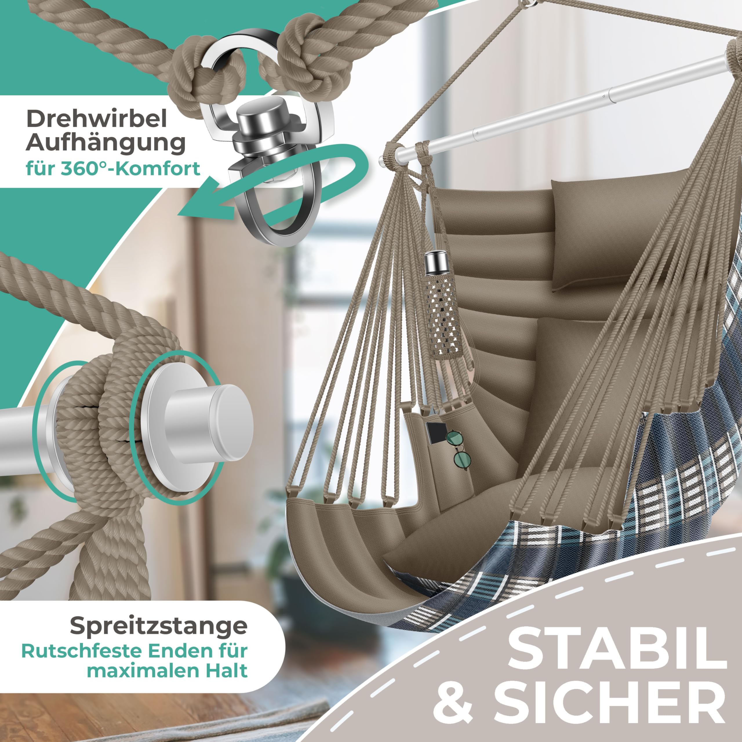 KESSER® Poltrona sospesa Haiti, portata 150 kg, girevole a 360°, altalena sospesa per interni ed esterni, resistente ai raggi UV e all'acqua, facile da pulire, include 2 cuscini, borsa per il