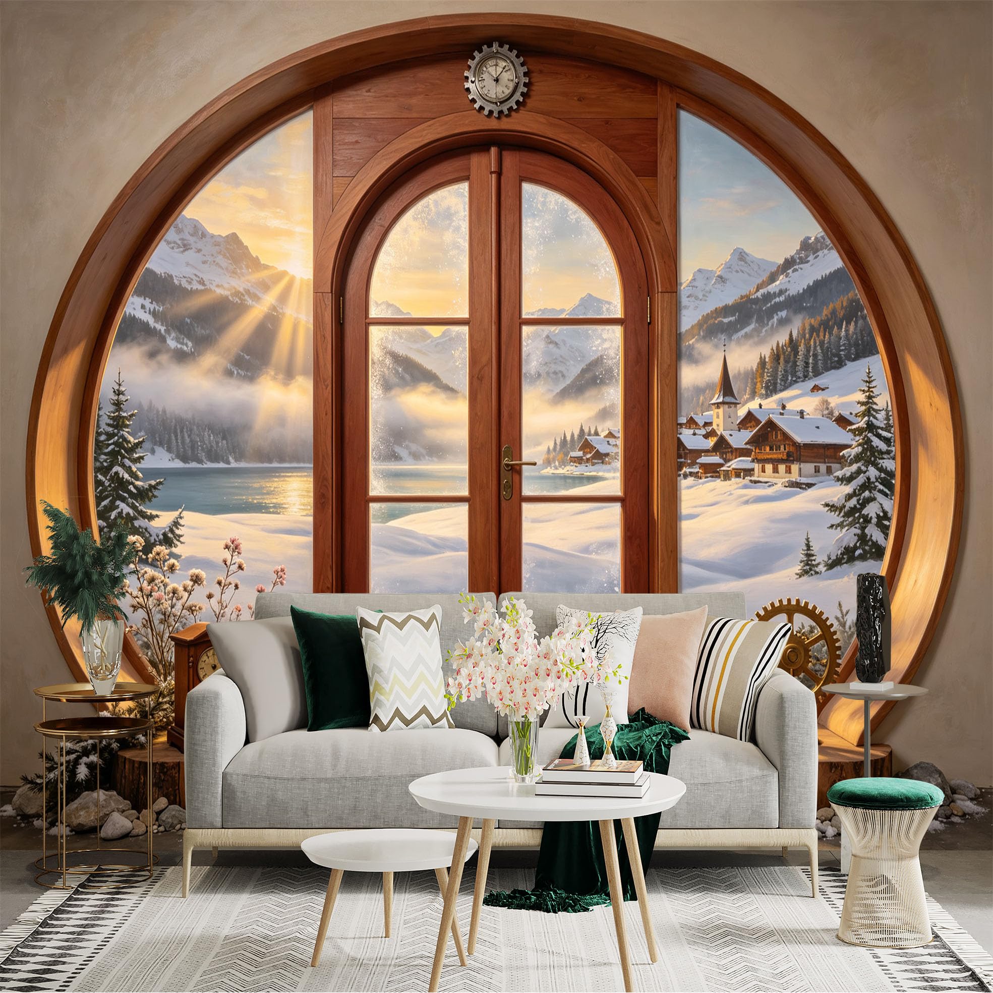 Custom Size Wall Sticker Mural， Snowy Mountain Lake View， Winter Village Sunrise， Wooden Arch Window， for wall Decoration， peelandstick wall Decals.