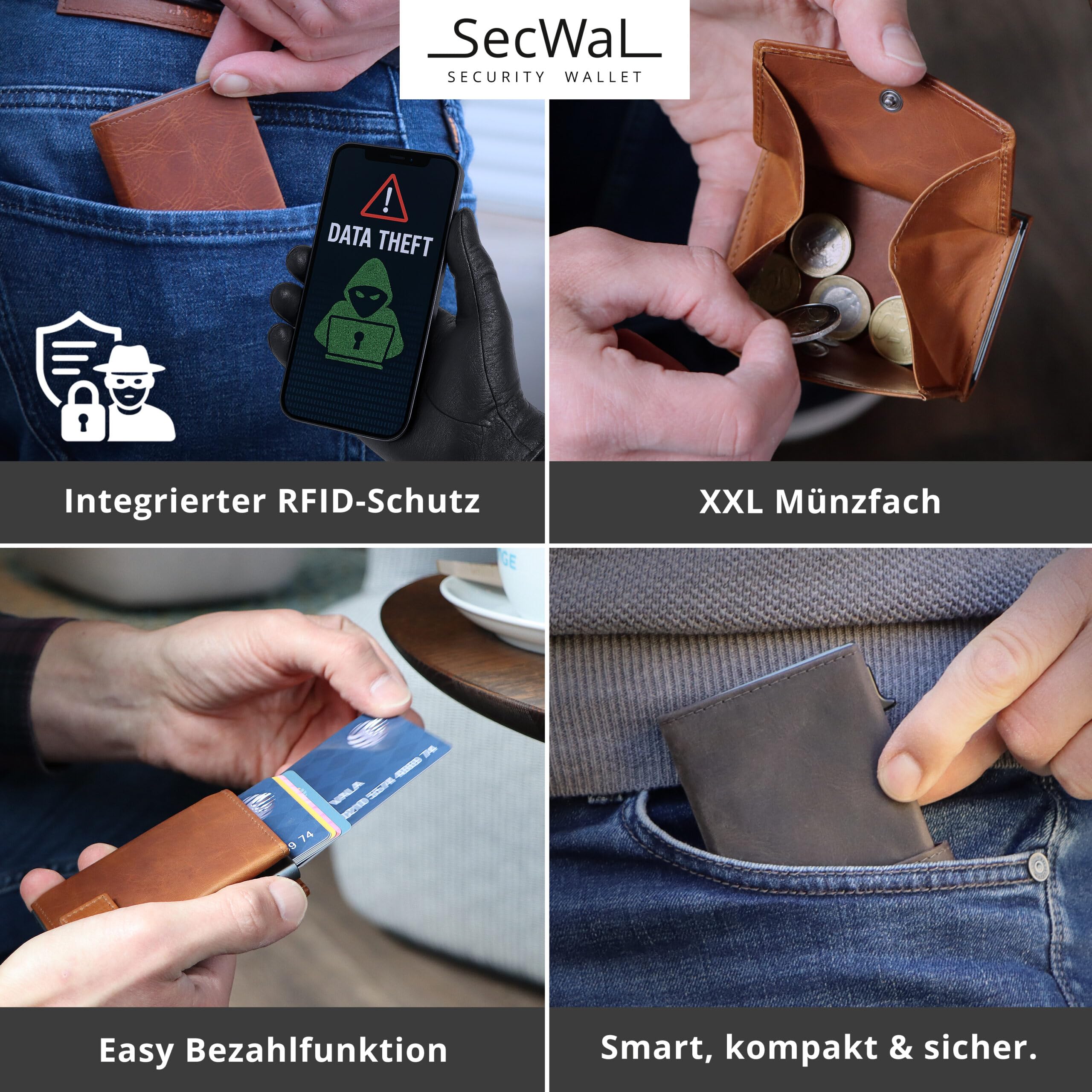 SecWal Kartenetui mit XXL Münzfach Druckknopf inkl. Geschenkbox - Made in Germany - Geldbörse inkl. Ebook für Damen und Herren - RFID Schutz Geldbeutel mit Wiener Schachtel (Hunter Braun)