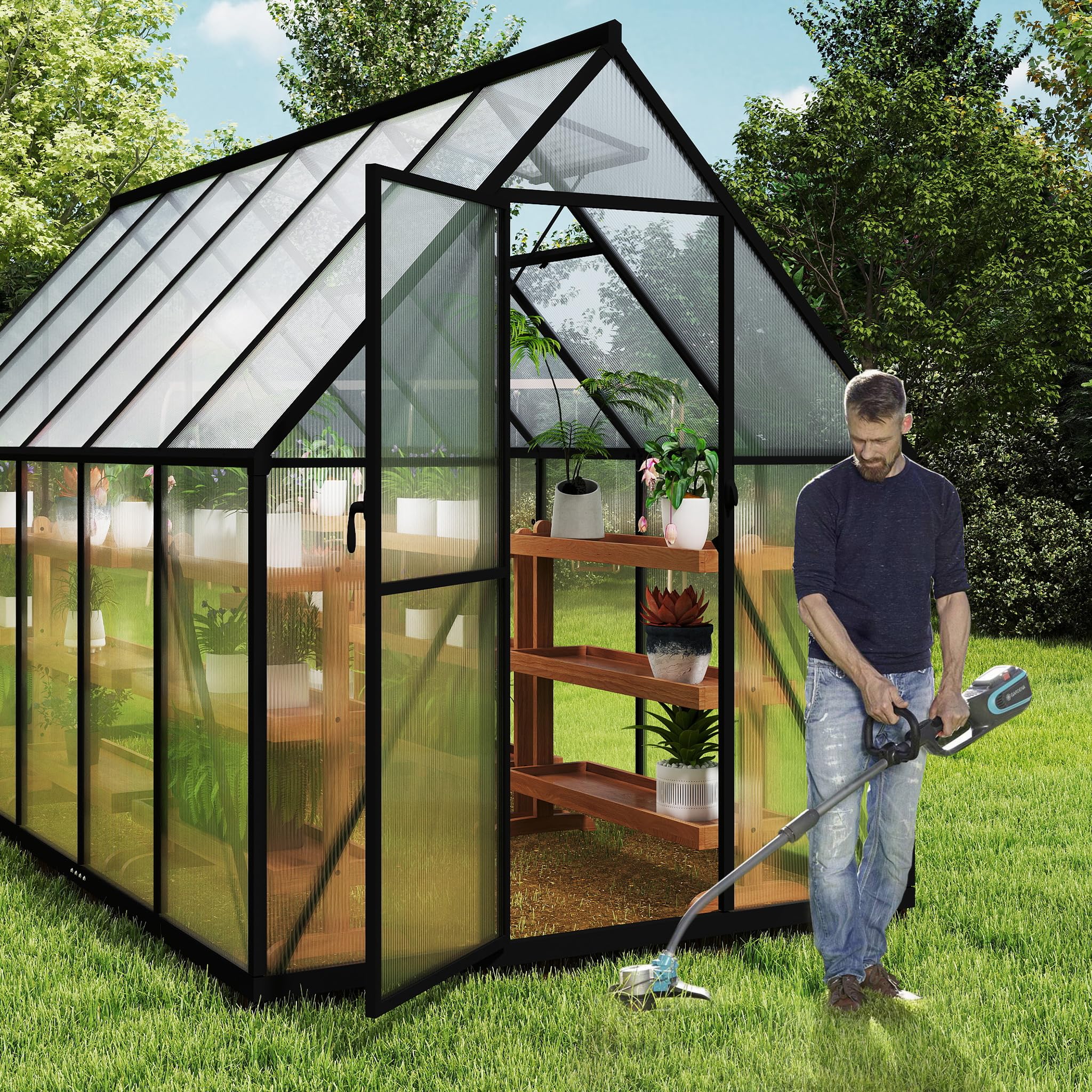 FIVMEN Invernadero de aluminio para jardín con base de 6 cm y placa de policarbonato de 4 mm, resistente a los rayos UV, resistente a la intemperie, para el jardín, 340 x 180 x 195 cm