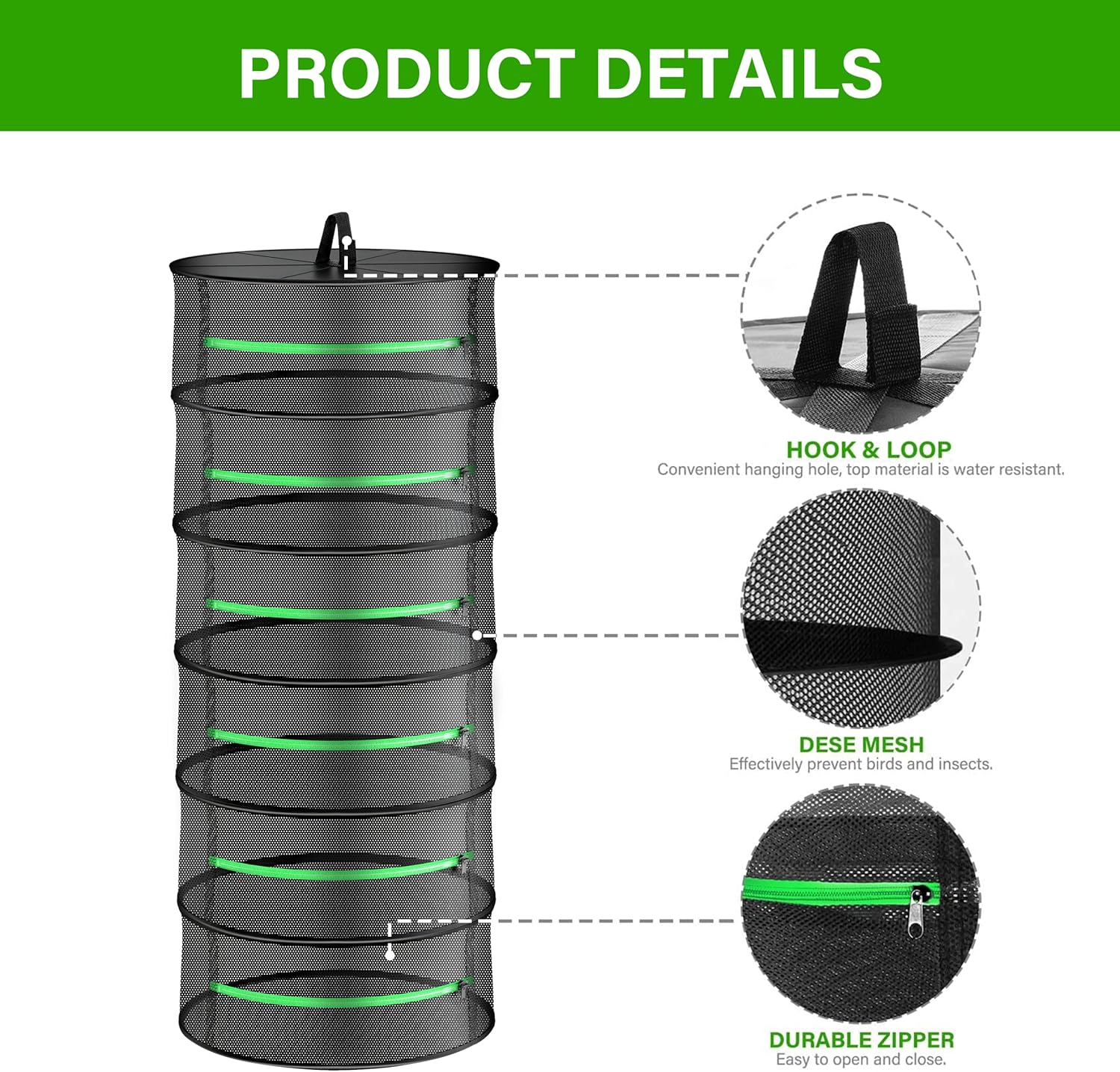 iPower 2ft 6-Layer Drying Rack Breathable Mesh Hanging Dryer with Zippers Foldable Heavy Duty Ring for Garden Plant, Free Storage Bag and Hook Included, 2 Pack, Black
