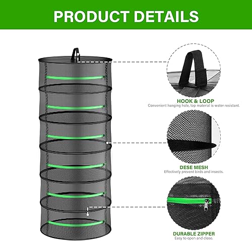 Miniatura 3 de iPower Red de secado plegable de malla para hierbas de 2 pies y 6 capas con cremalleras, anillo resistente para plantas hidropónicas, bolsa de