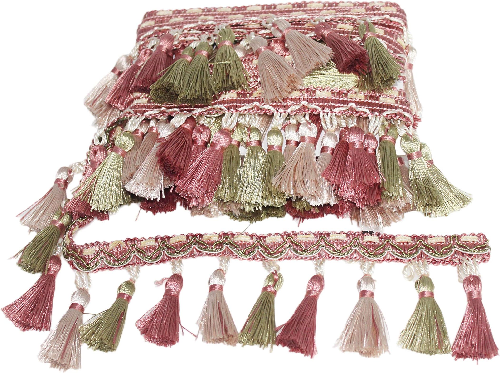 Yalulu 4 Yards Braided Beads Hanging Ball Tassel Fringe Trim Fabric Ribbon Trimming Upholstery Macrame Curtain Trim for Curtain Tablecloth Home Decoration (Pink)