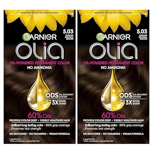 Garnier Olia Tinte permanente para el cabello, sin amoníaco, color brillante, rico en aceite, 5.03 marrón neutro medio, 2 unidades (el embalaje