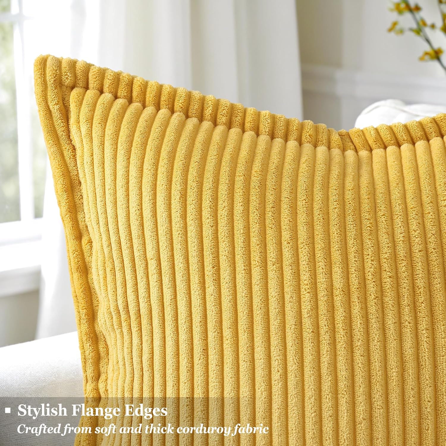 decorUhome Spring Corduroy Mustard Yellow Throw Pillow Covers 18x18 Set of 2 Decorative Soft Boho Farmhouse Couch Pillow Covers for Living Room Bed Sofa Broadside Striped Pillow Cases - Image 2