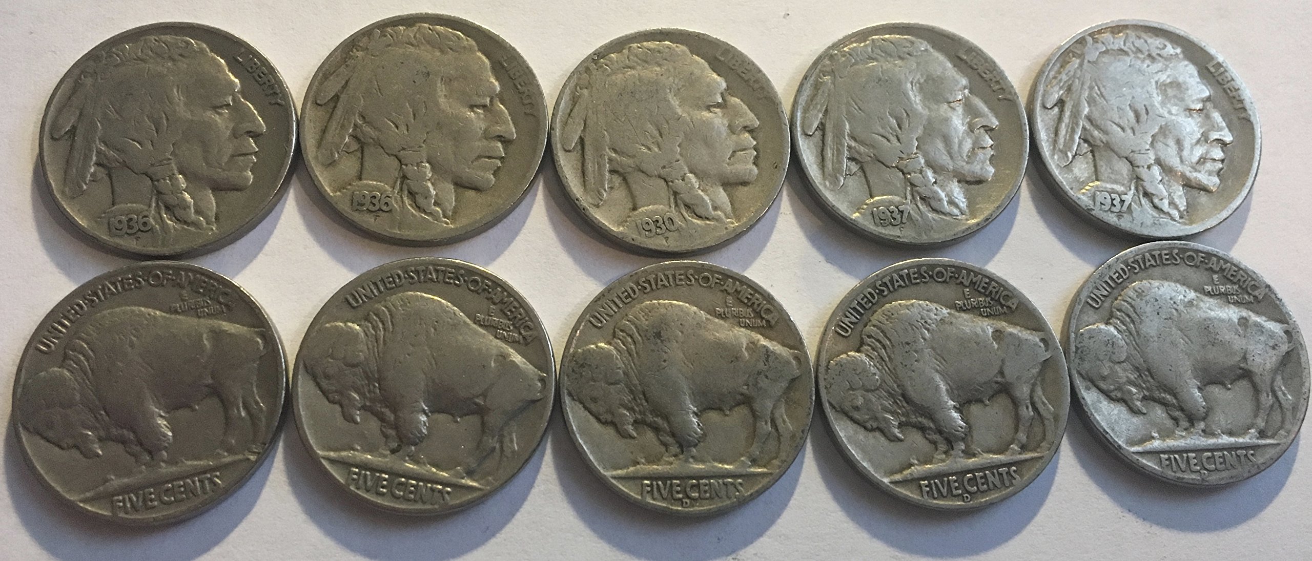 10 Varies Buffalo Nickels Dates 1930-1938 Fine Full Dates Come in Velvet Bag GREAT STARTER SET Good