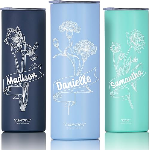 Miniatura 1 de Vaso personalizado con flor de nacimiento grabada y nombre, vaso de café aislado al vacío de acero inoxidable de 20 onzas con tapa deslizante, taza