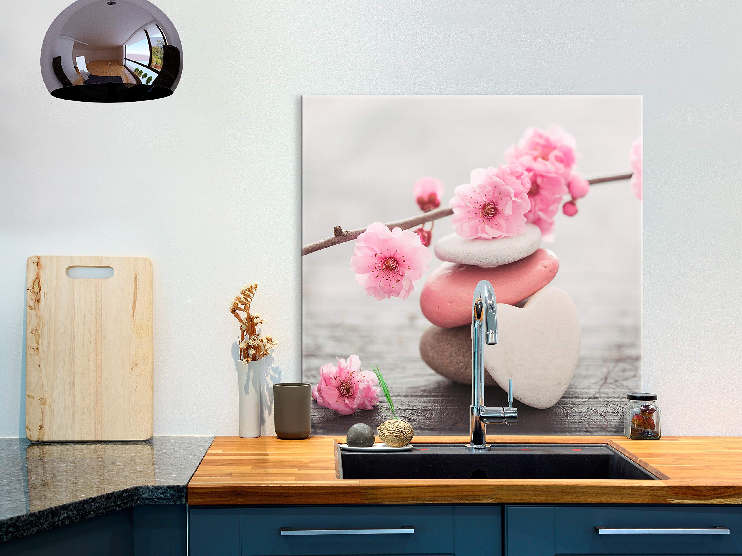 Pannello Paraspruzzi In Vetro Per Cucina 60x60cm - Vetro Temperato 4mm, Design Zen Fiori Pietra, Adesivo