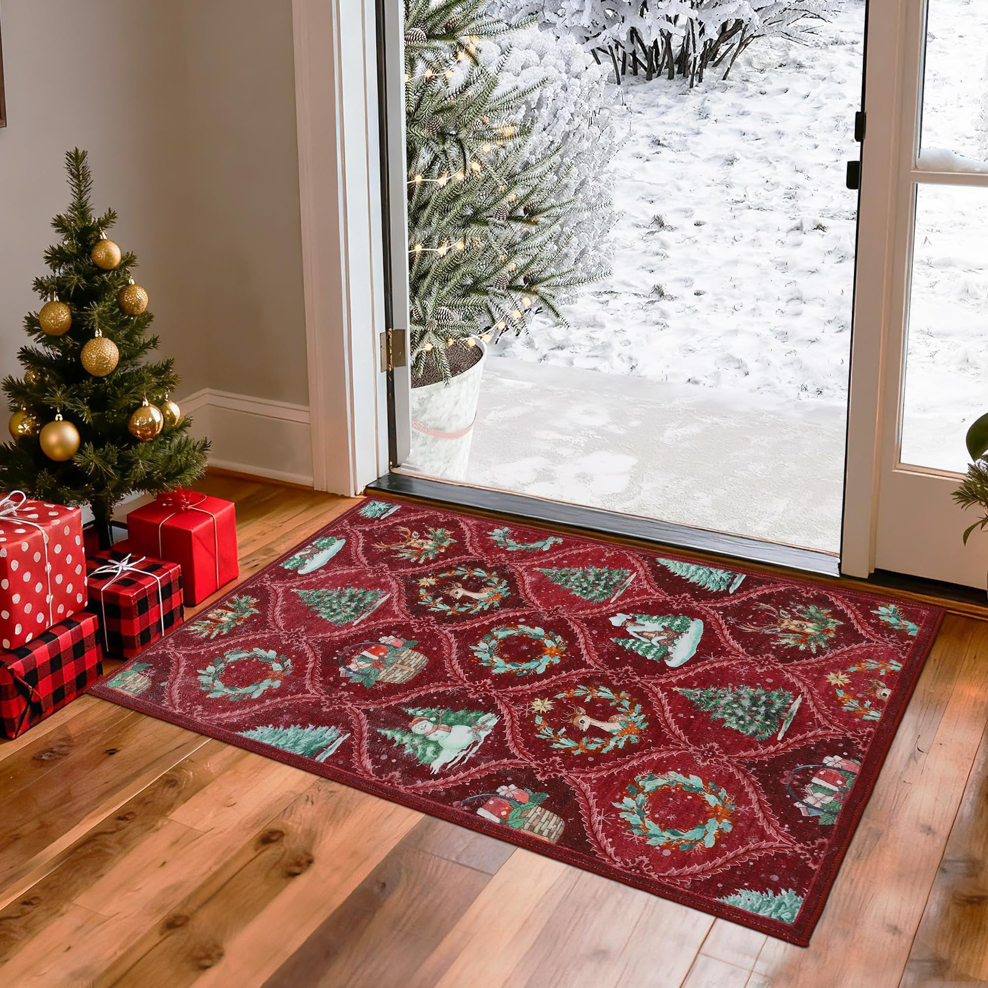 LuxFocus Washable Christmas Doormat 60x100 cm, Vintage Grid Non-Slip, Red โ image 1