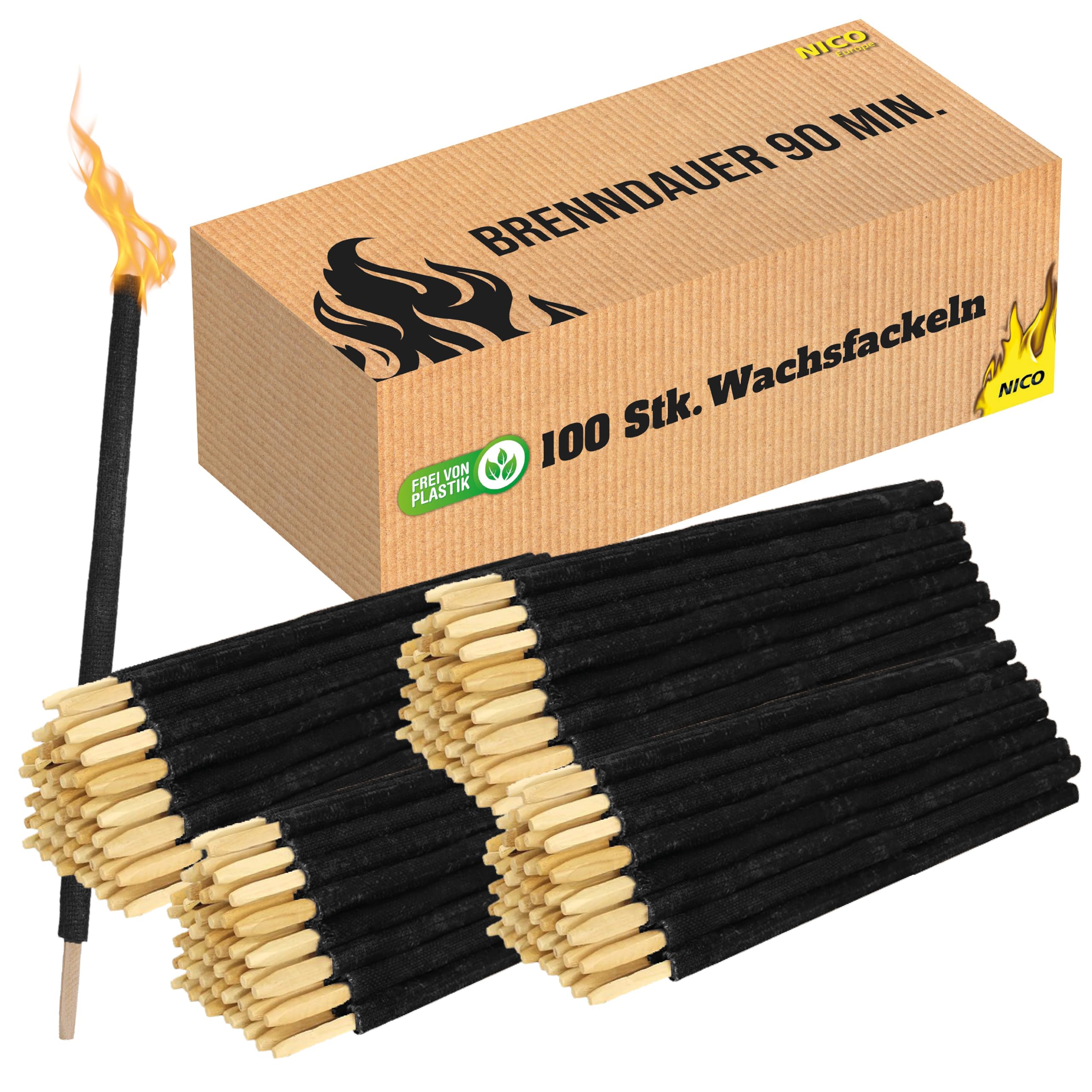 Nico Feuerwerk® 100 Stück Wachsfackeln, Brenndauer 90 Min. I hochwertige Fackeln aus Wachs mit Handschutz I Garten-Fackel für Outdoor Party, Event, Nacht-Wanderung