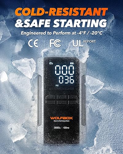 Miniatura 7 de WOLFBOX Arrancador de 3000 A con compresor de aire, batería portátil de 16000 mAh y 160 PSI para automóvil con carga rápida de 65 W, paquete de