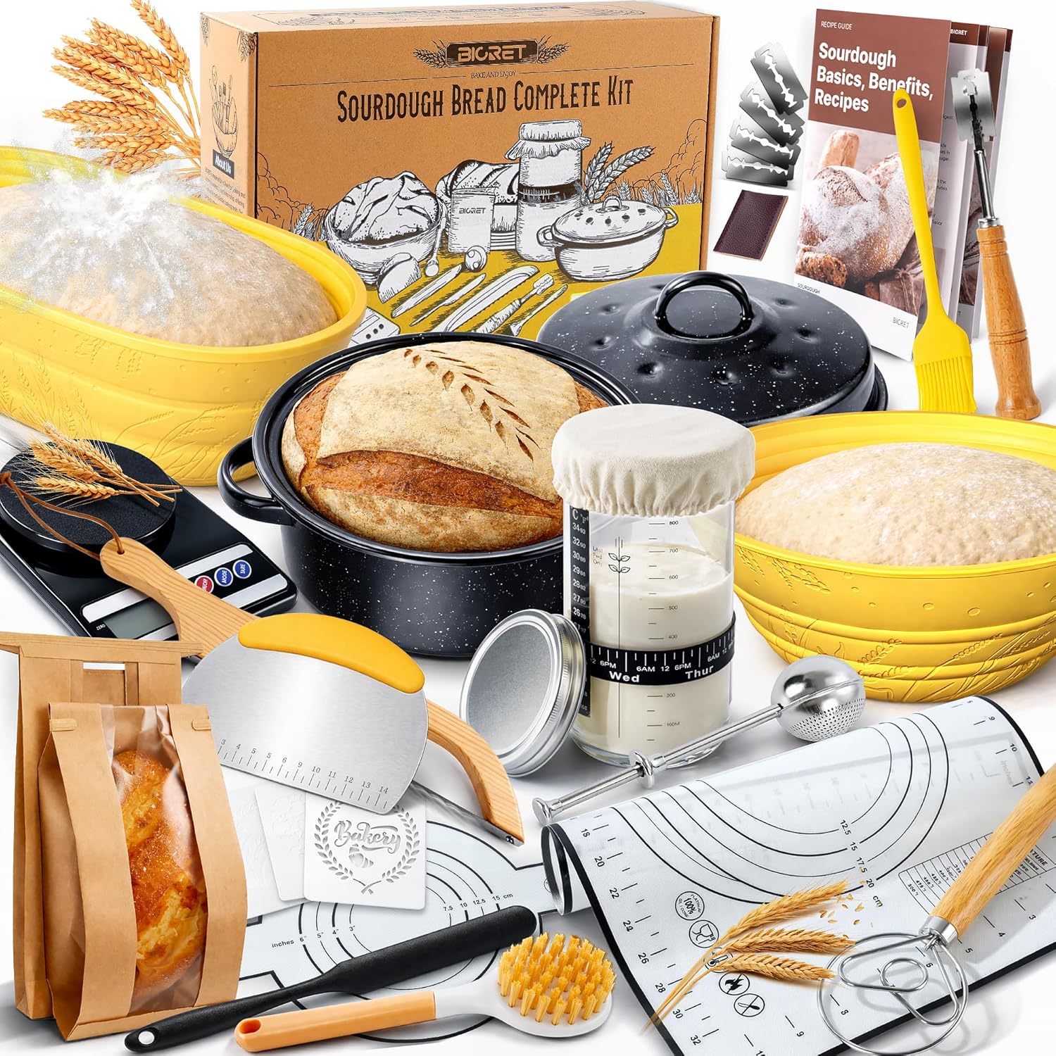 Sourdough Starter Kit for Beginners, 34 oz Starter Jar with Scale Marking, 2 Silicone Proofing Baskets, Complete Bread Baking Kit with Guide & Recipes, Easy to Use & Clean - Yellow