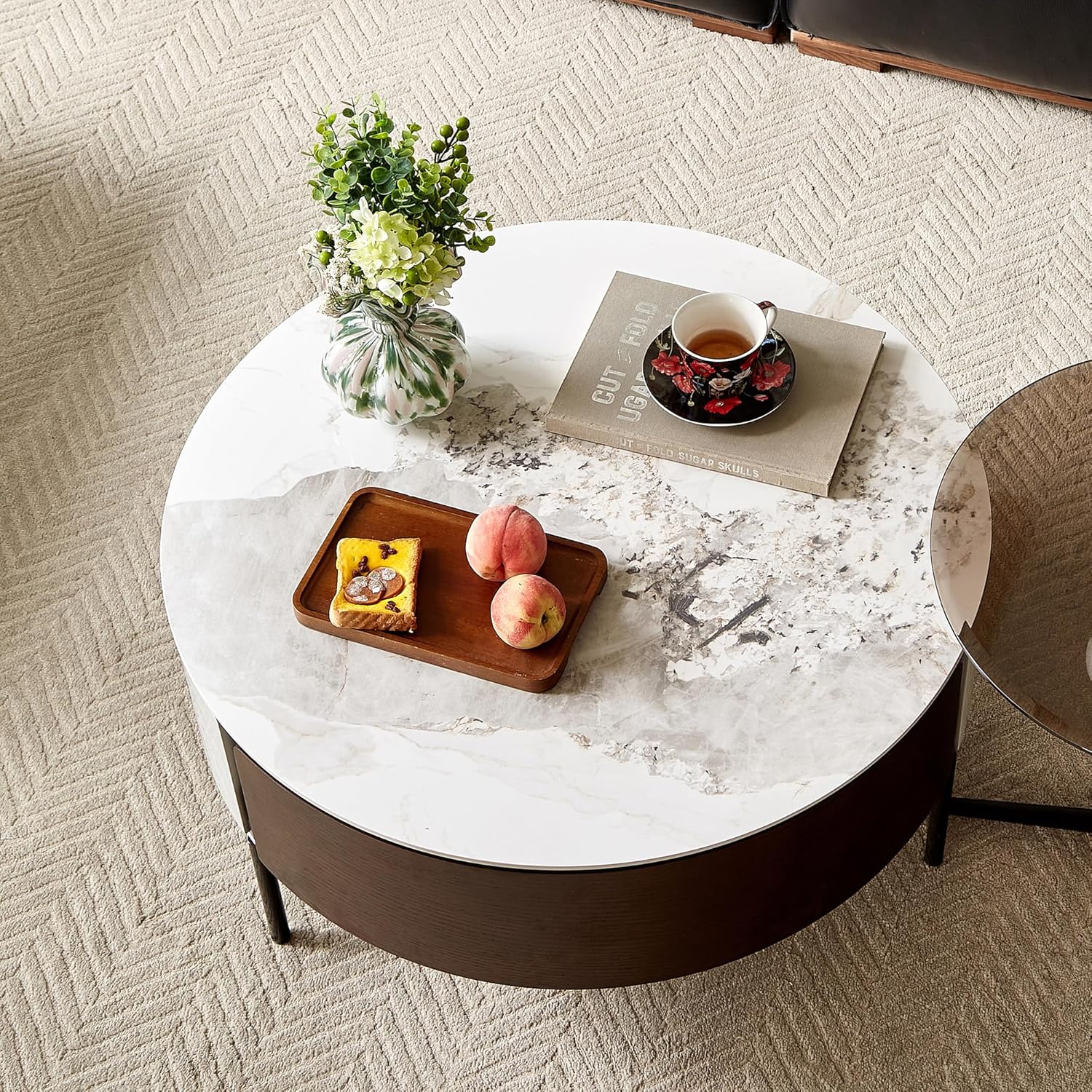 31.5 Inch Round Marble Coffee Table with Drawers & White Sintered Stone Top, Modern Living Room Center Table Metal Legs Accent Furniture (Off White)