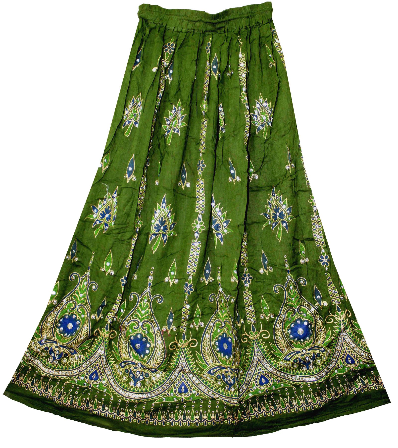 Fashion Of India Women's Mehndi Green Long Bohemian Maxi Skirt - Gypsy Hippie Boho Chic Style Dress, Regular