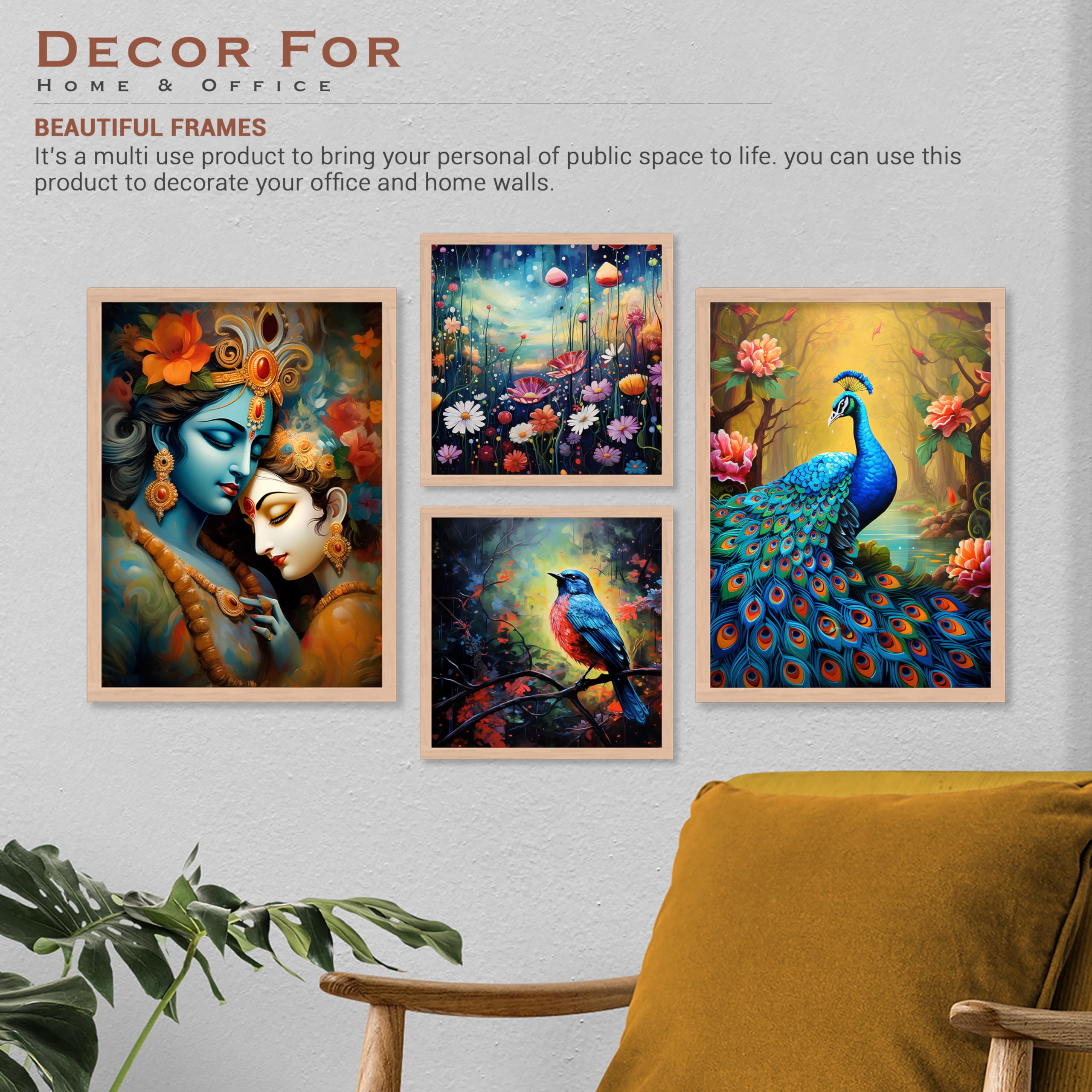 BANGERZ Radhe Krishna Framed Wall Art Paintings For Home Hotel Living Room, Paintings For Wall Decoration - Decorative Poster Frames For Bedroom Wall Decor (Set of 4) (Medium, Modern 6) 3