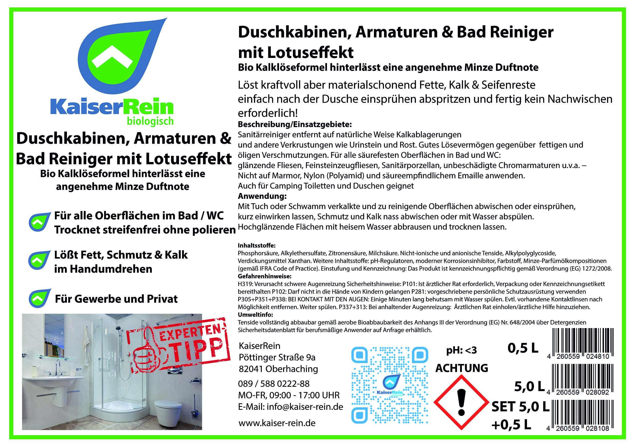 KaiserRein Bio Duschkabinenreiniger mit Lotuseffekt/Abperleffekt 5 L Nachfüll-Kanister für die einfache Reinigung nach jeder Benutzung ohne nachwischen streifen freies abtrocknen