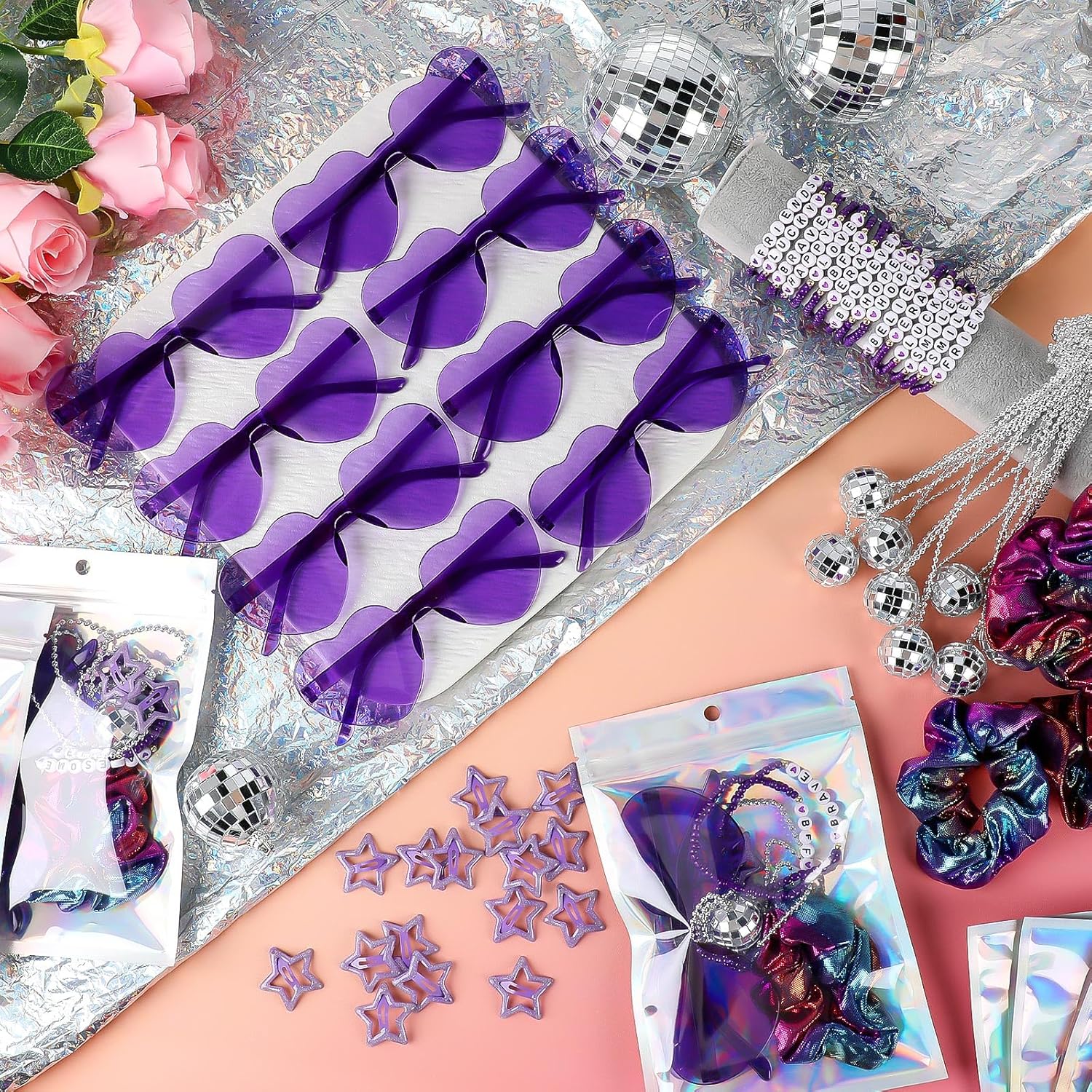 Landical 96 Pcs/ 12 Sets Kpop Party Favors Popular Singer Gifts Friendship Bracelets Scrunchies Heart Sunglasses Disco Ball Necklaces Hair Clips Bags for Y2k Kpop Fans Women Birthday (Purple)