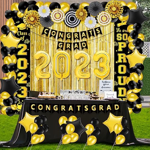 Miniatura 7 de Decoración de graduación de clase 2022 kits de decoración de fiesta de graduación de oro negro bandera globos suministros de fiesta de graduación de
