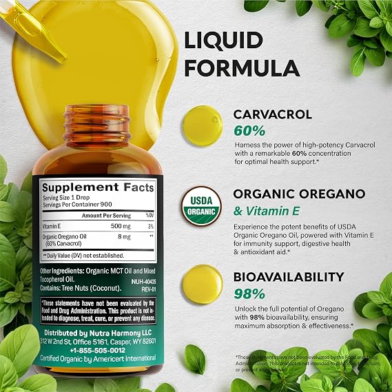 USDA Organic Oil of Oregano - Liquid Drops with Vitamin E - Supplement for Immune Support, Digestion Health & Antioxidant - GMO Free, Vegan & Natural - As Pills, Capsules, Softgels - 1 fl oz
