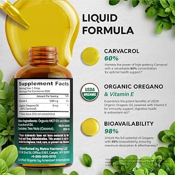 USDA Organic Oil of Oregano - Liquid Drops with Vitamin E - Supplement for Immune Support, Digestion Health & Antioxidant - GMO Free, Vegan & Natural - As Pills, Capsules, Softgels - 1 fl oz