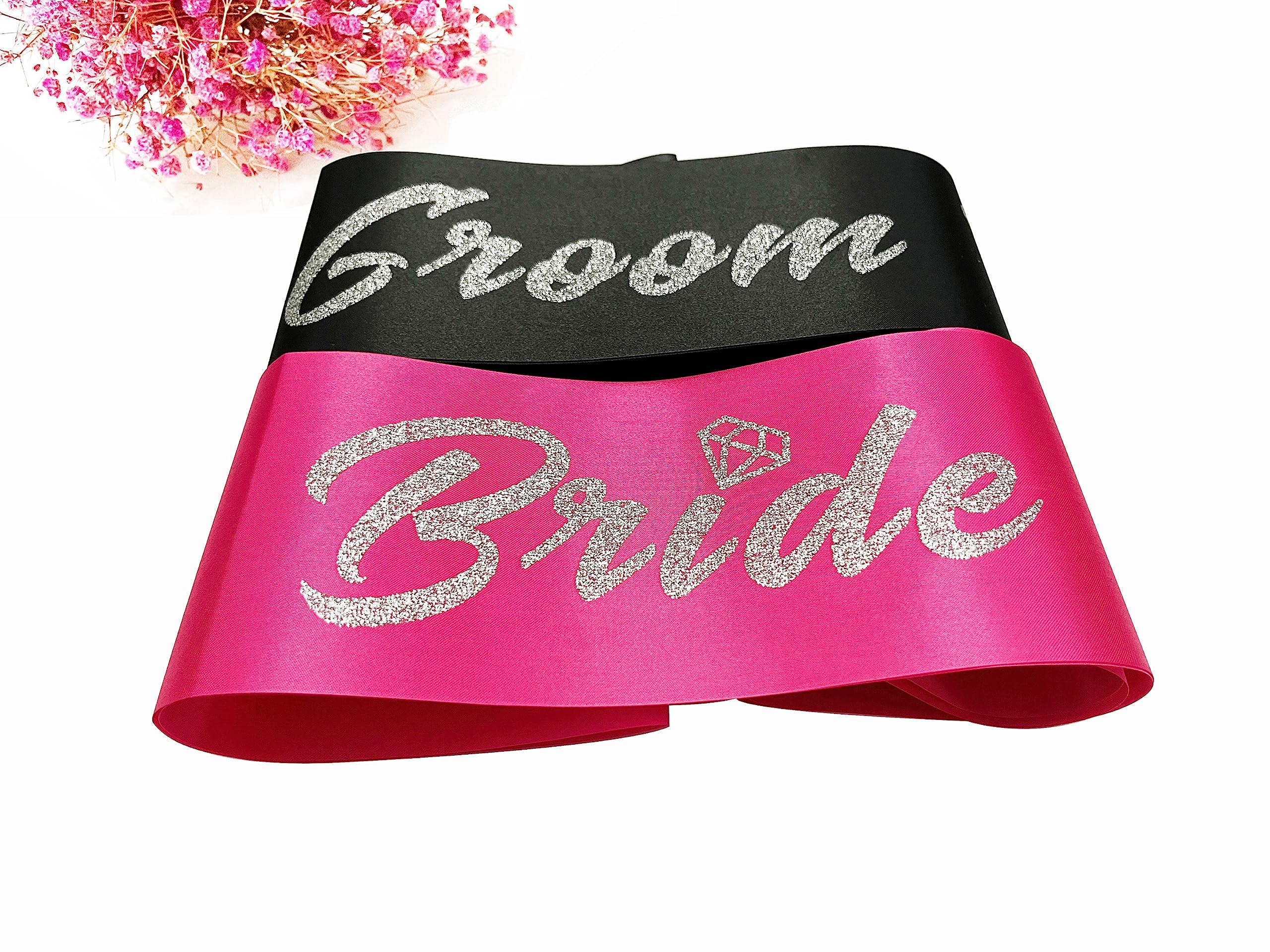 Juego de bandas para novia y novio, bandas suaves de satén negro y rosa intenso con letras plateadas con purpurina para despedida de soltera, compromiso, despedida de soltera