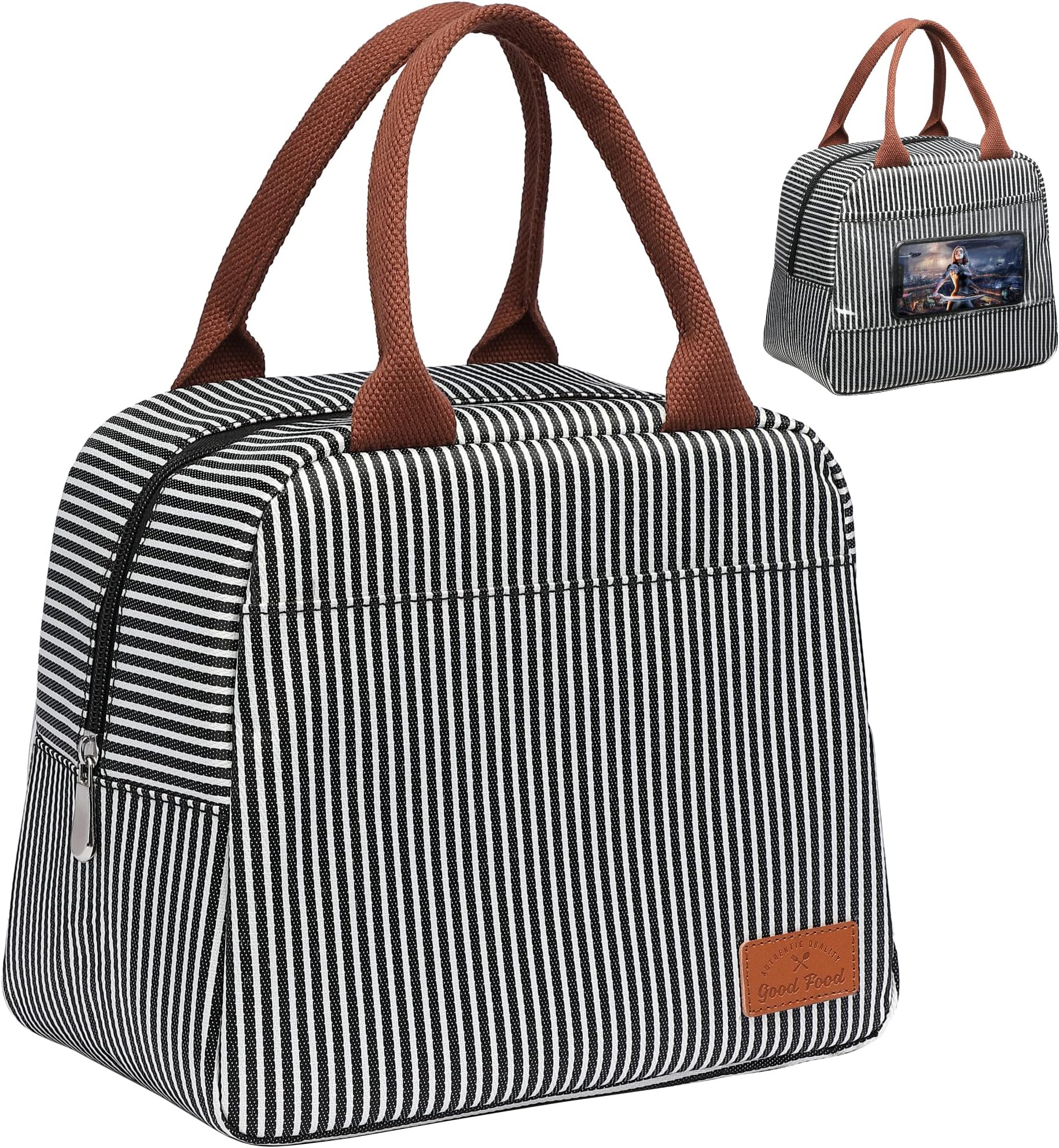 Bagseri Insulated Lunch Bag Women - Lunch Bag for Women Men Reusable Lunch Box Leakproof Thermal Cooler Sack Food Handbags Case High Capacity for Work and Picnic (Black White Stripe)