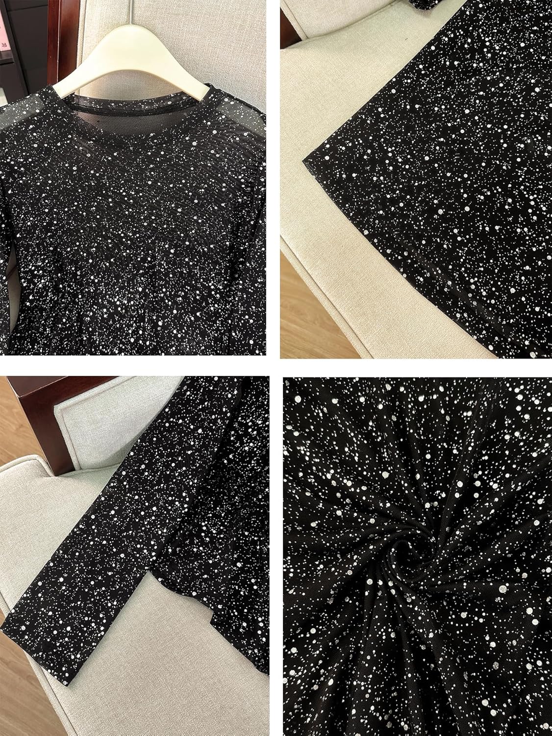 OYOANGLE Women's Glitter Sparkle Long Sleeve Sheer Top Loose Casual See Through Blouse Tshirts - Image 6