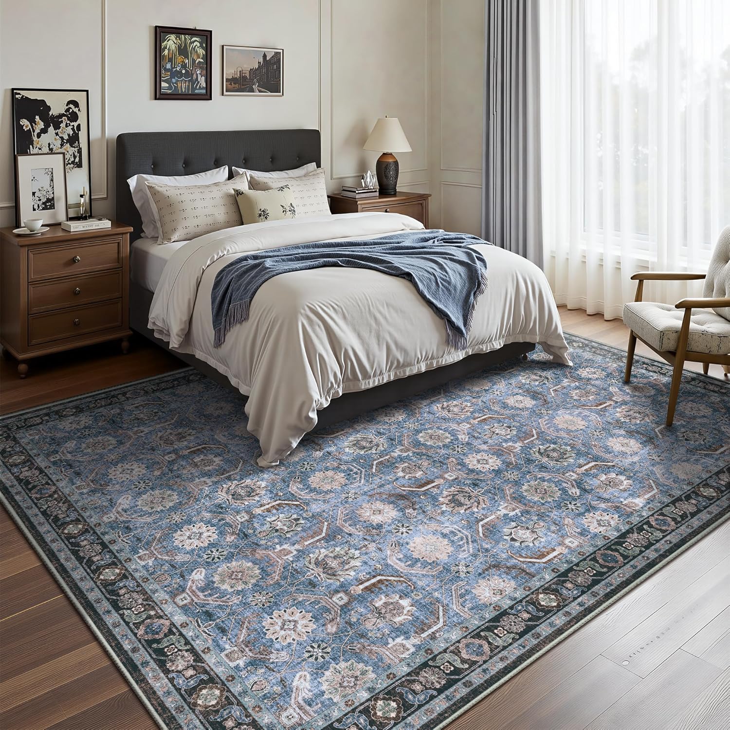 5x7 Area Rugs, Soft Non Slip Low Pile Washable Rug, Boho Modern Rug for Living Room, Bedroom, Dining Room, Blue