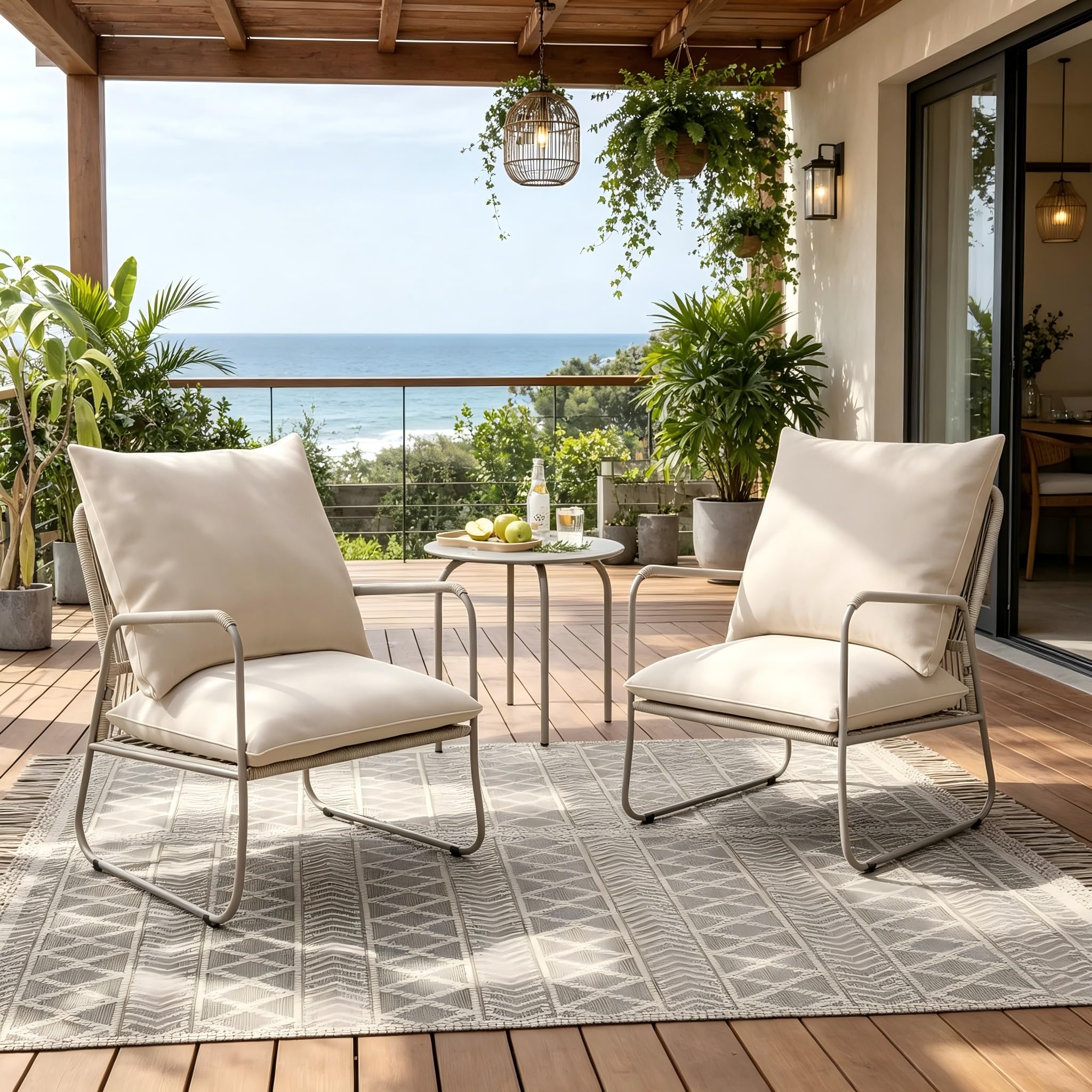 ALAULM 3-teilige Gartenmöbel-Set, Balkonmöbel aus Atmungsaktive PE-Rattan Gartenstühle mit Kissen & Runder Couchtisch, Balkonmöbel Set für Garten, Balkon, Terrasse(Beige)