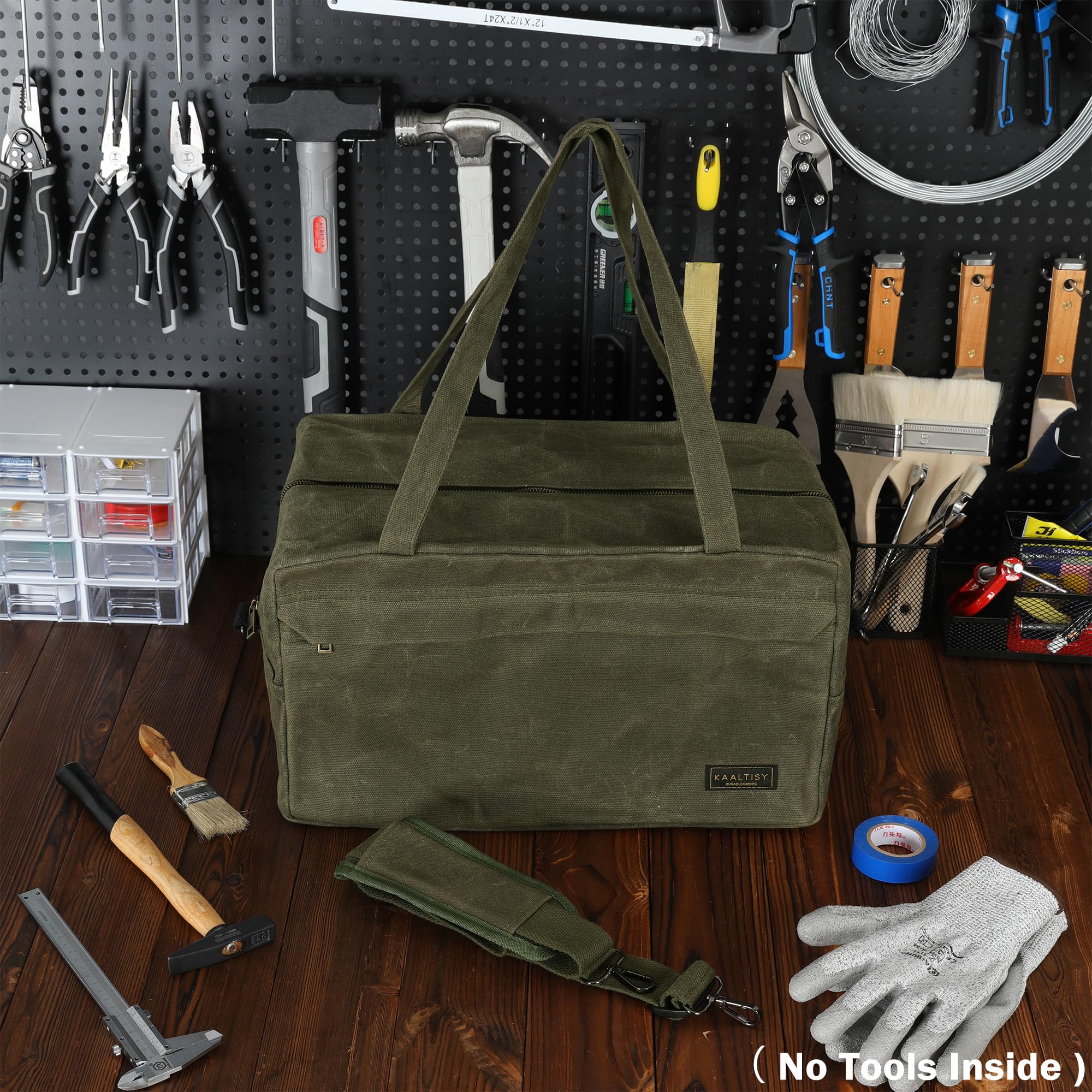 Sac fourre-tout à outils, 473,6 g en toile cirée avec 7 poches et bandoulière – pour électricien, entrepreneur, réparateur, porte-outils de jardin multifonction avec poignée portable, vert kaki