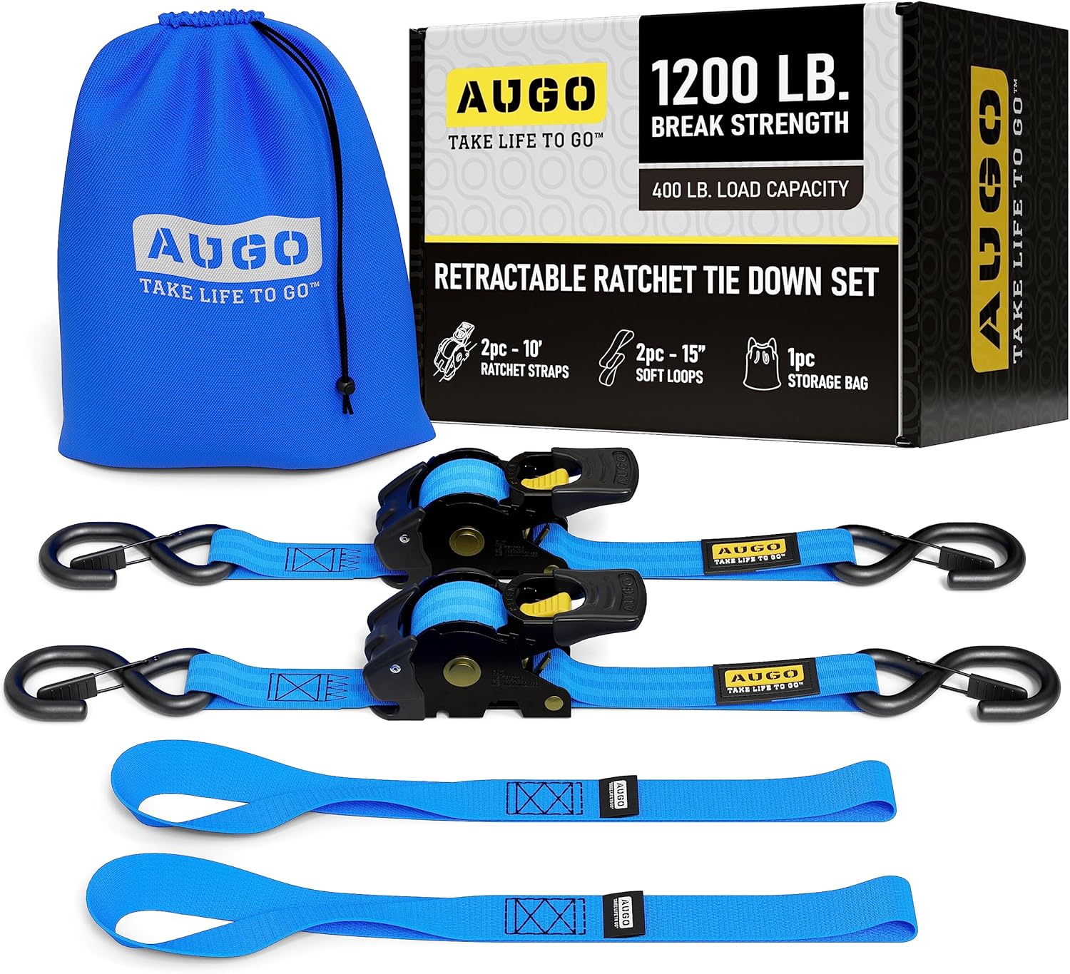 AUGO Retractable Ratchet Straps | 2 Heavy Duty Ratchet Straps Self Retractable Tie Down Straps with Soft Loops & Storage Bag for Motorcycle, Truck, Trailer, Cargo Van | 1200 Lb Break Strength 1” x 10’ 2 Pack Blue
